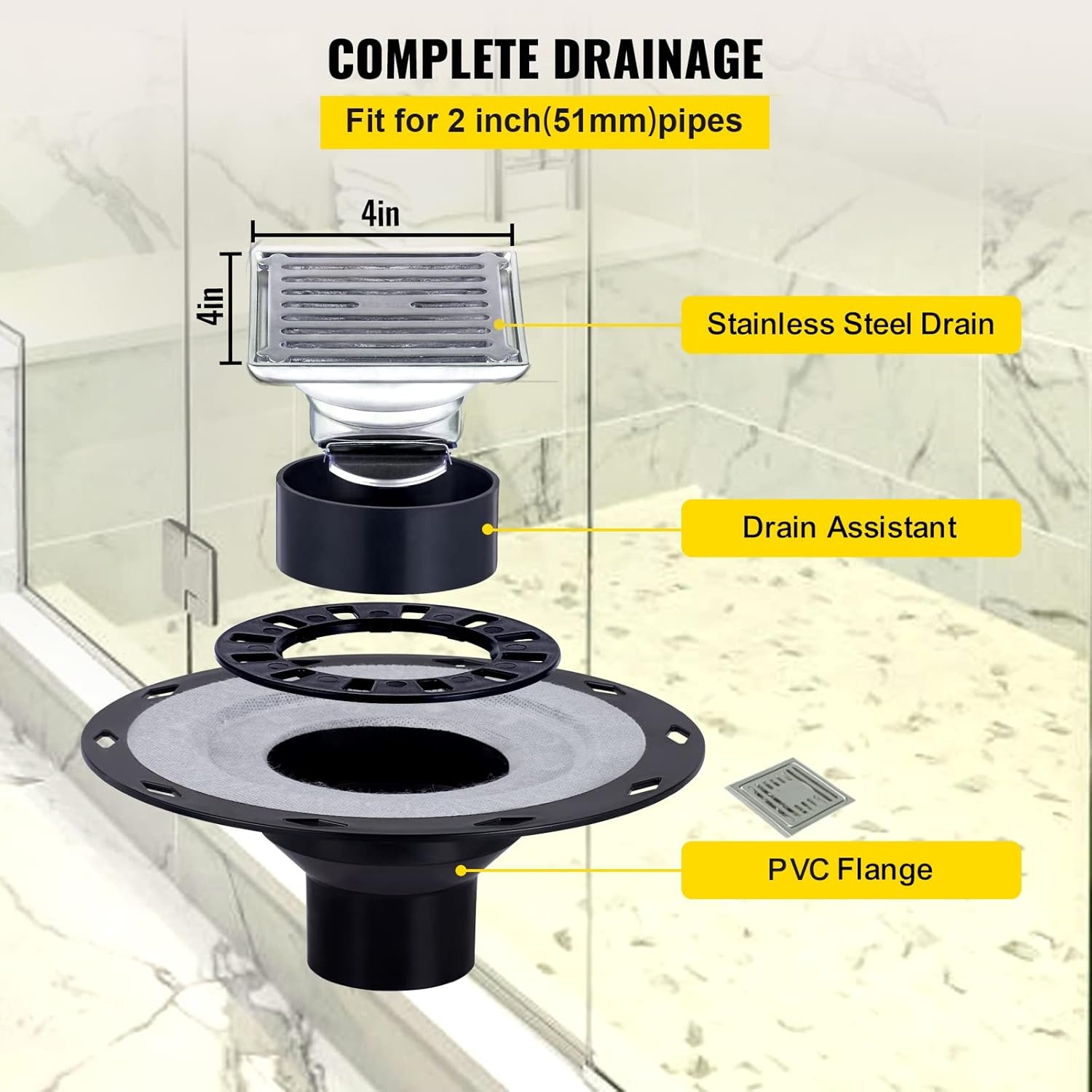image:imageVEVOR Shower Curb Kit 48x72 Watertight Shower Curb Overlay with 4 ABS Central Bonding Flange 4 Stainless Steel Grate 2 Cuttable Shower Curb and Trowel Shower Pan Slope Sticks Fit for Bathroom48x72
