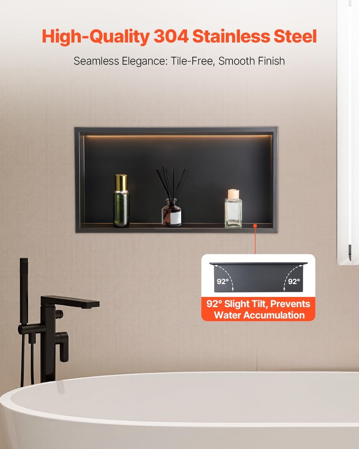 image:imageVEVOR Shower Niche 13 x 25 x 4 inch Recessed Wall Niche HeavyDuty Stainless Steel Modern Soap amp Shampoo Storage Organizer Sealed Waterproof Durable amp Easy to InstallBlack for BathroomBlack