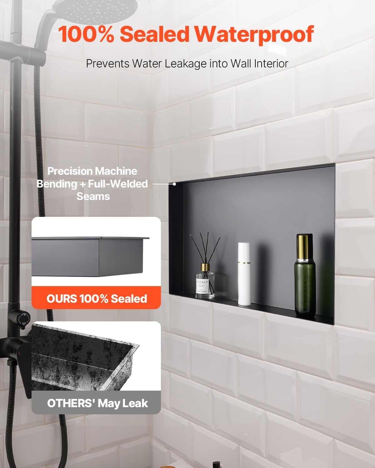 image:imageVEVOR Shower Niche 13 x 25 x 4 inch Recessed Wall Niche HeavyDuty Stainless Steel Modern Soap amp Shampoo Storage Organizer Sealed Waterproof Durable amp Easy to InstallBlack for BathroomBlack