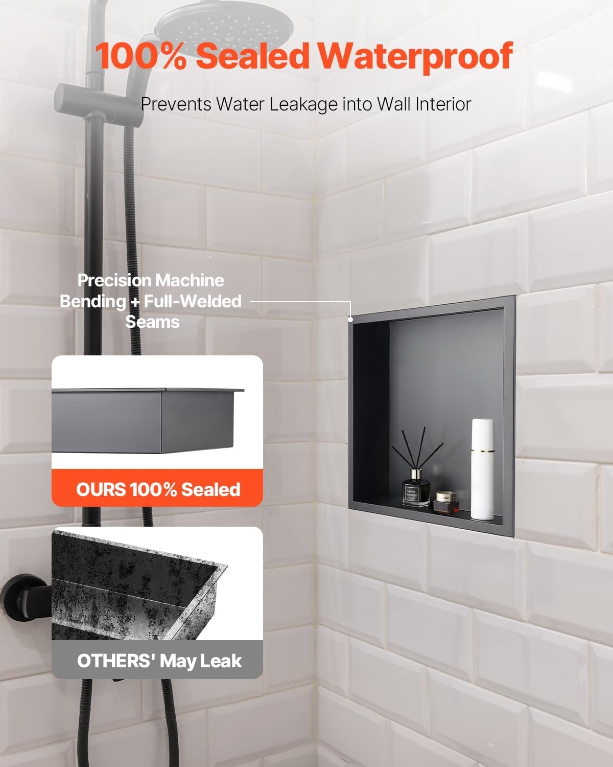 image:imageVEVOR Shower Niche 13 x 25 x 4 inch Recessed Wall Niche HeavyDuty Stainless Steel Modern Soap amp Shampoo Storage Organizer Sealed Waterproof Durable amp Easy to InstallBlack for BathroomBlack