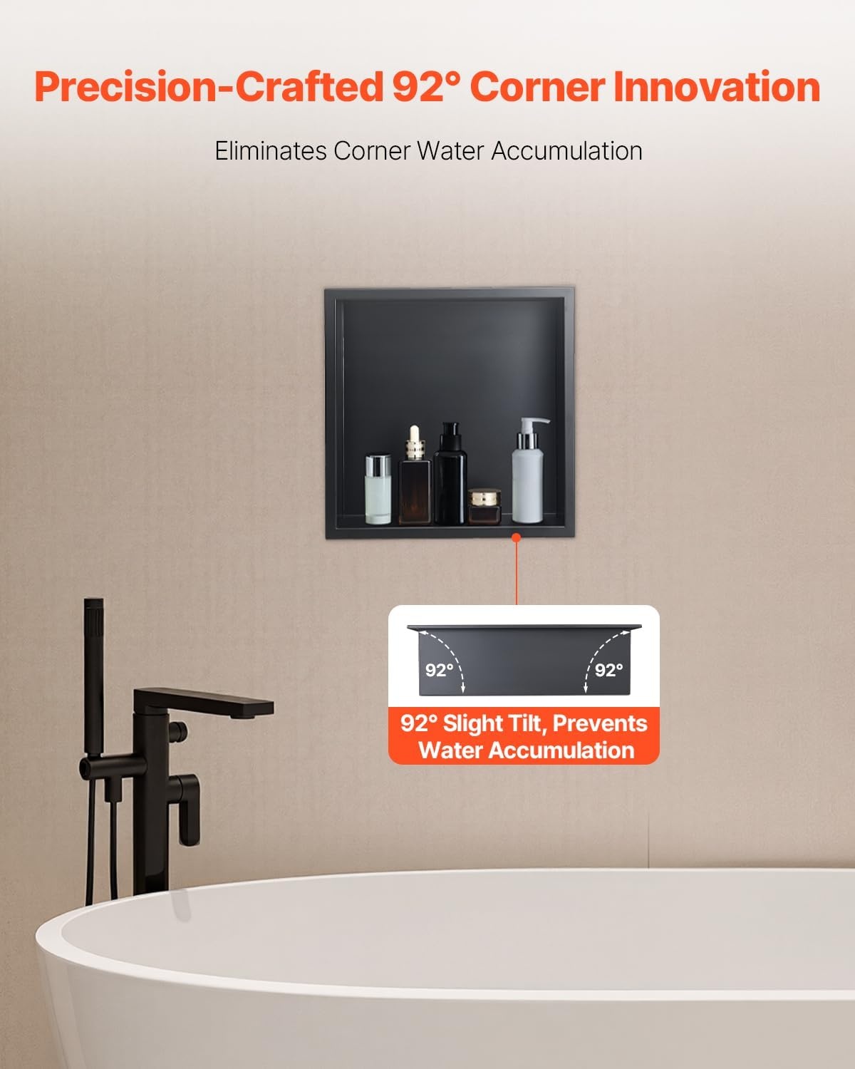 image:imageVEVOR Shower Niche 13 x 25 x 4 inch Recessed Wall Niche HeavyDuty Stainless Steel Modern Soap amp Shampoo Storage Organizer Sealed Waterproof Durable amp Easy to InstallBlack for BathroomBlack