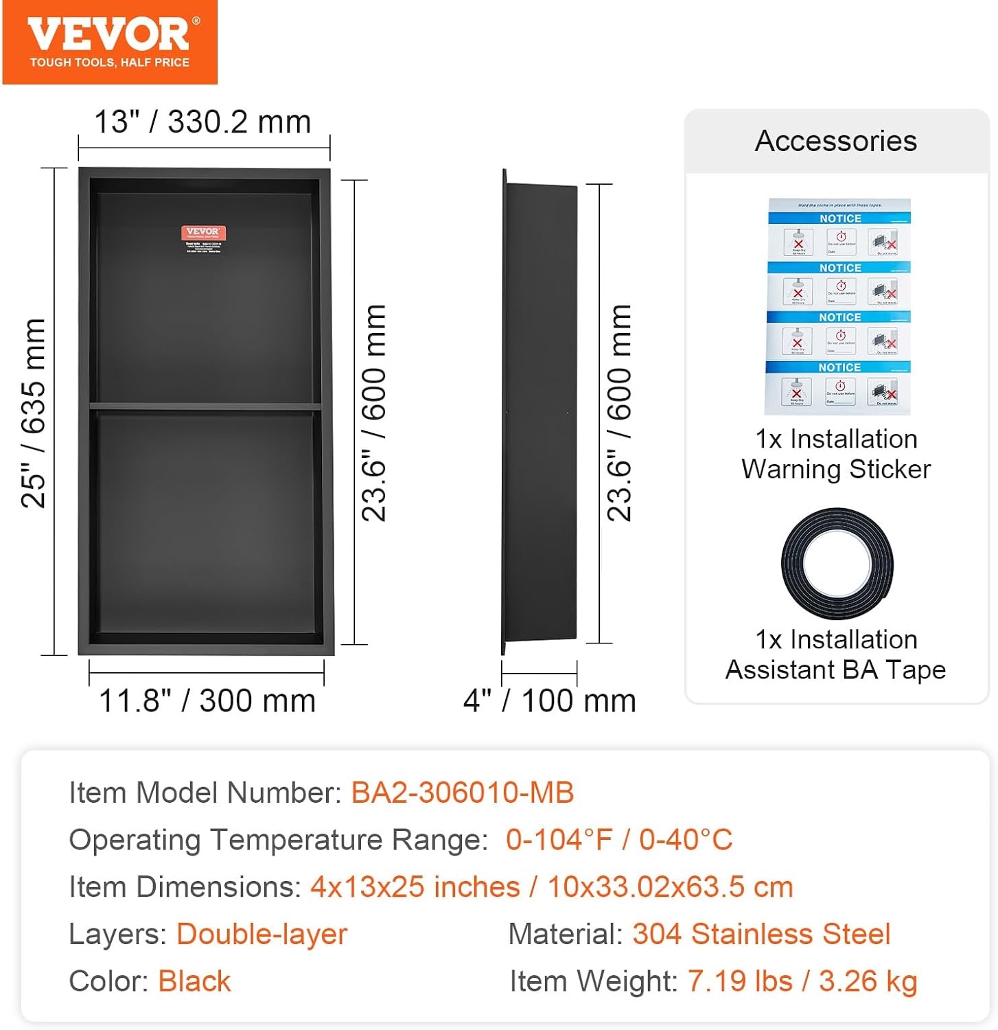 image:imageVEVOR Shower Niche 13 x 25 x 4 inch Recessed Wall Niche HeavyDuty Stainless Steel Modern Soap amp Shampoo Storage Organizer Sealed Waterproof Durable amp Easy to InstallBlack for BathroomBlack