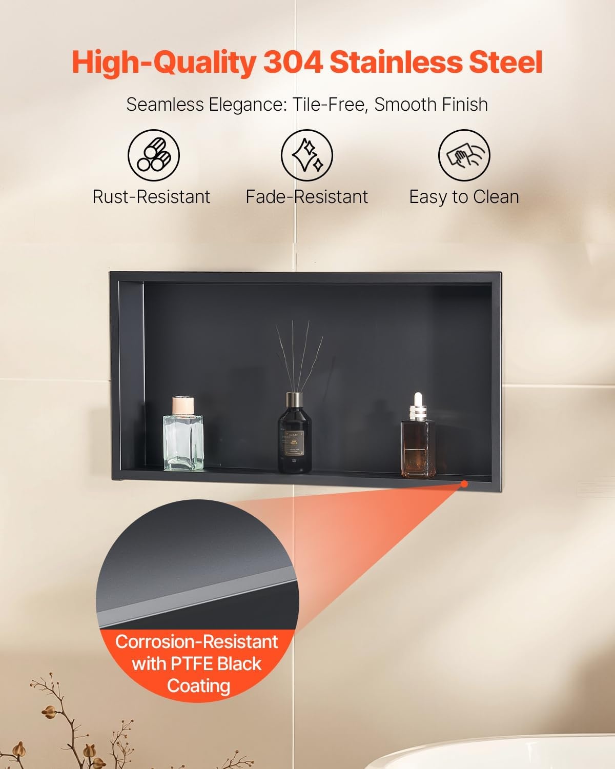 image:imageVEVOR Shower Niche 13 x 25 x 4 inch Recessed Wall Niche HeavyDuty Stainless Steel Modern Soap amp Shampoo Storage Organizer Sealed Waterproof Durable amp Easy to InstallBlack for BathroomBlack