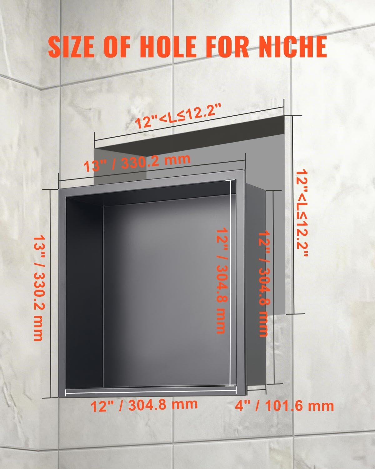 image:imageVEVOR Shower Niche 13 x 25 x 4 inch Recessed Wall Niche HeavyDuty Stainless Steel Modern Soap amp Shampoo Storage Organizer Sealed Waterproof Durable amp Easy to InstallBlack for BathroomBlack