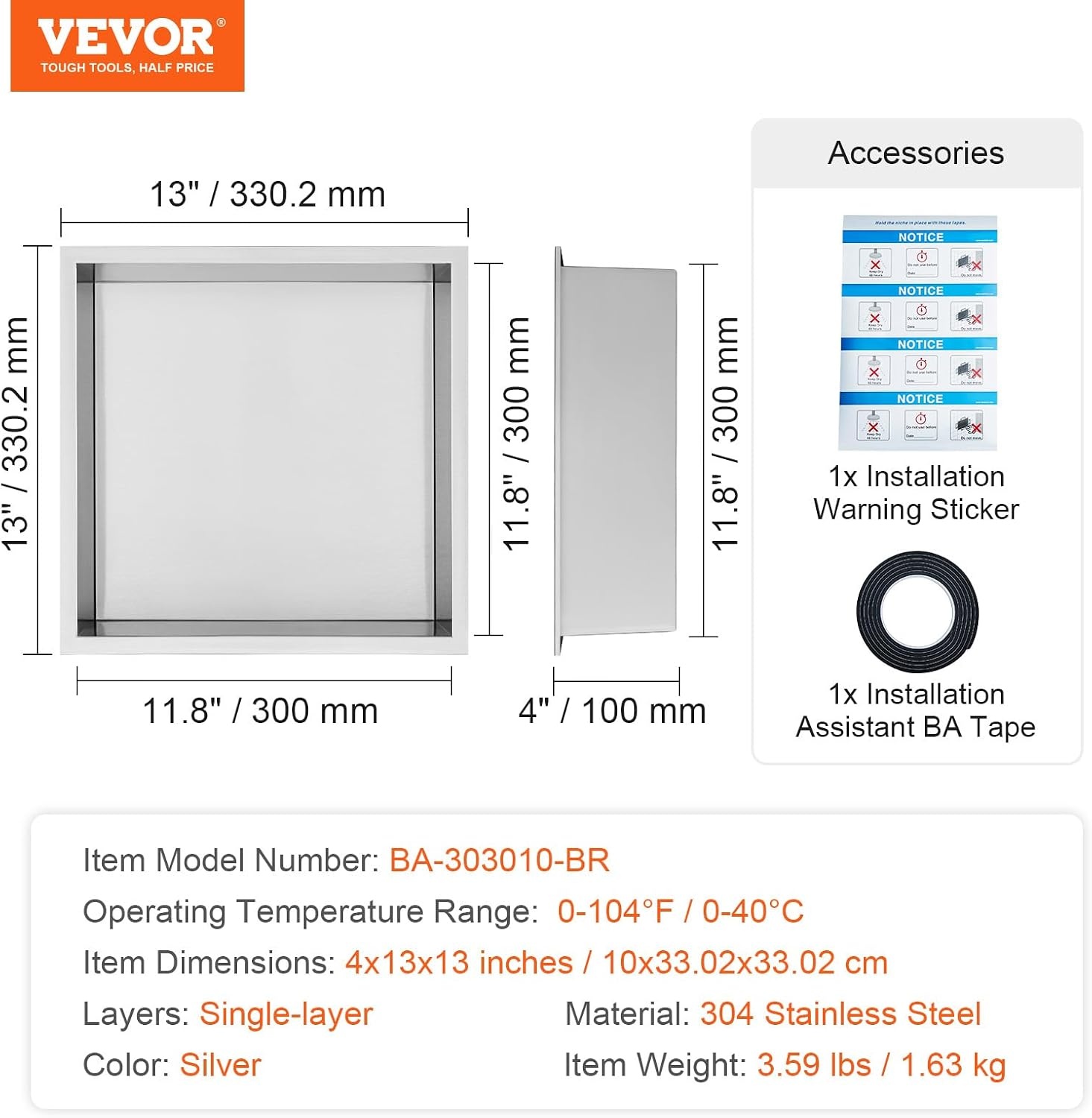 image:imageVEVOR Shower Niche 13 x 25 x 4 inch Recessed Wall Niche HeavyDuty Stainless Steel Modern Soap amp Shampoo Storage Organizer Sealed Waterproof Durable amp Easy to InstallBlack for BathroomSilver