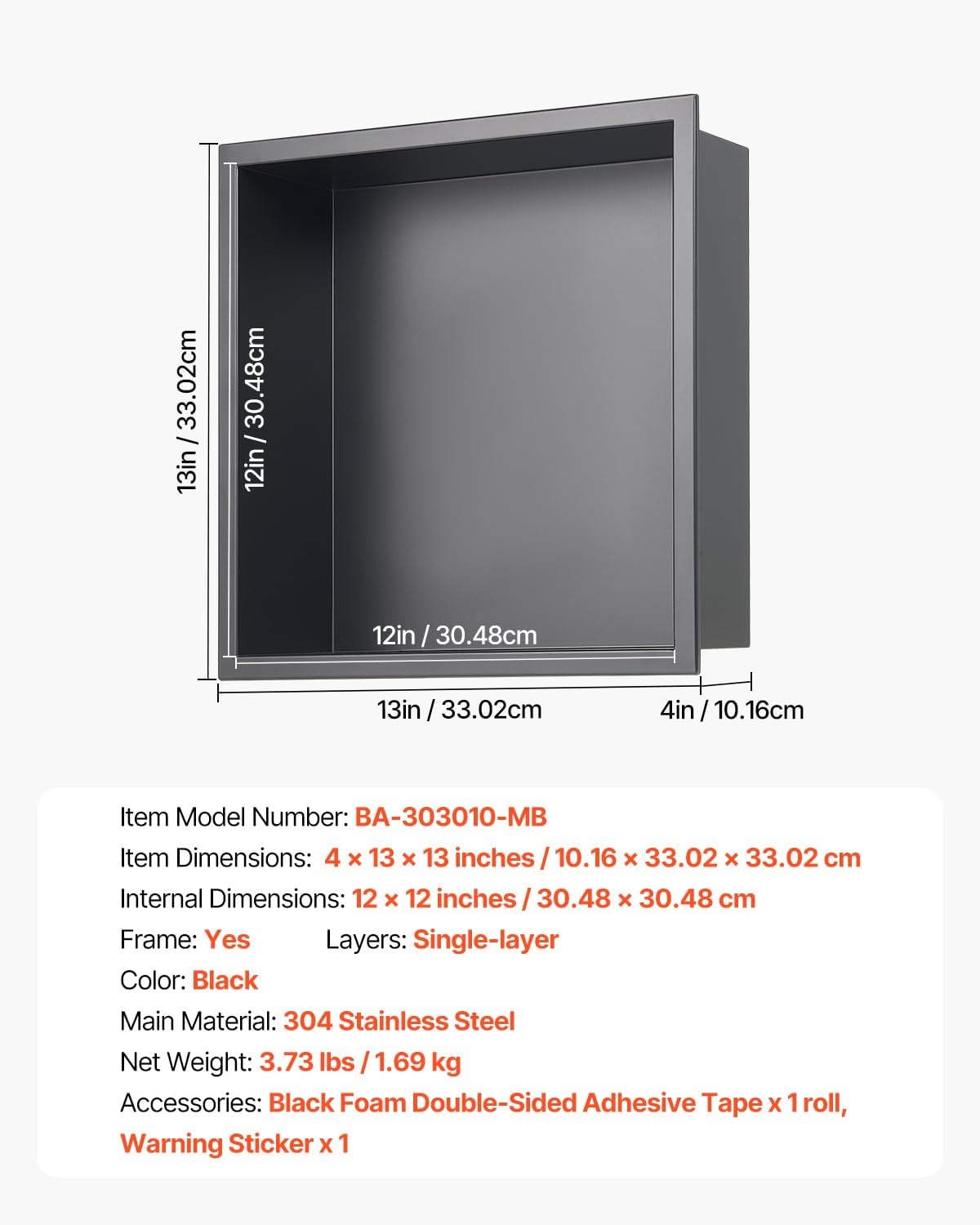 image:imageVEVOR Shower Niche 13 x 25 x 4 inch Recessed Wall Niche HeavyDuty Stainless Steel Modern Soap amp Shampoo Storage Organizer Sealed Waterproof Durable amp Easy to InstallBlack for BathroomBlack