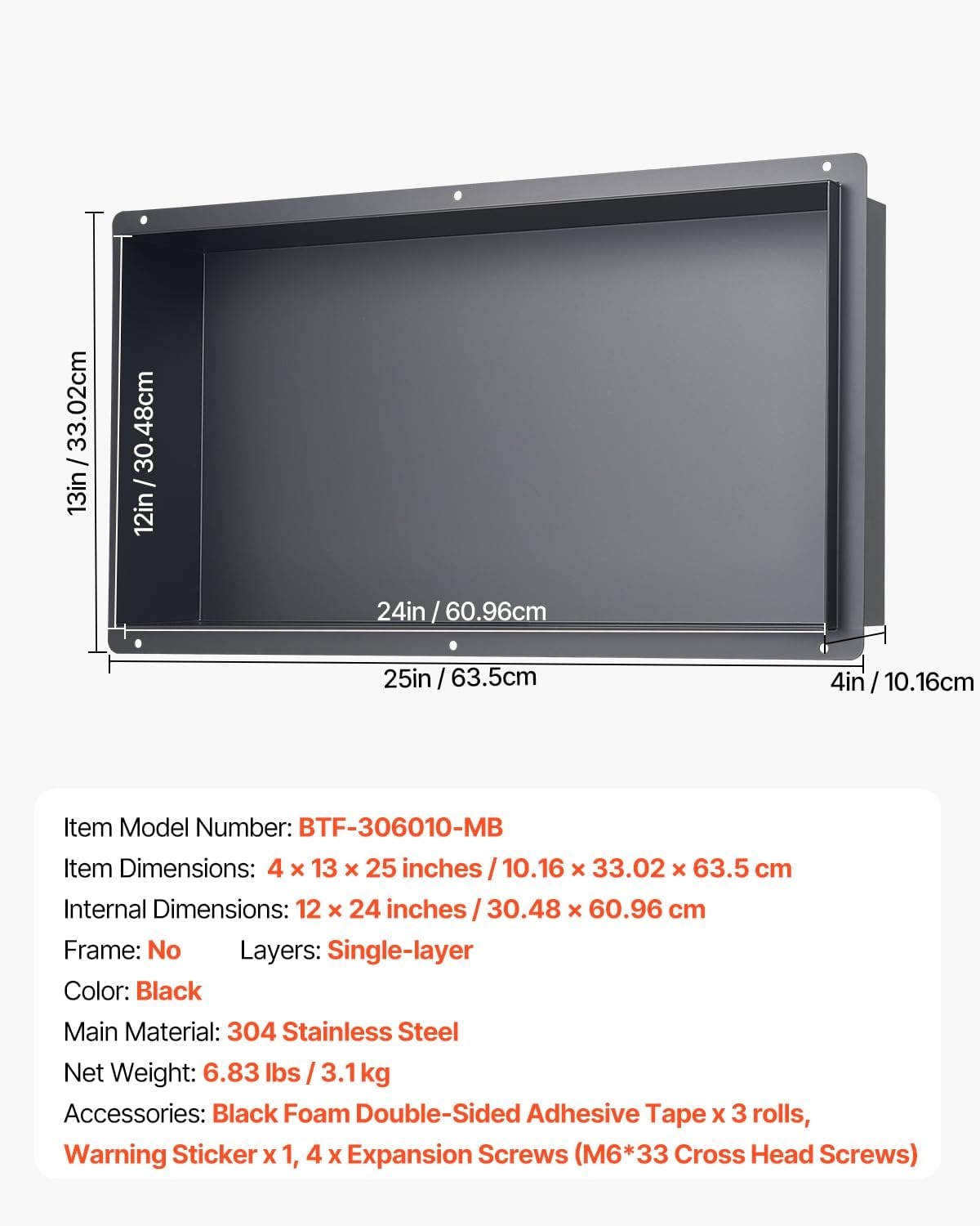 image:imageVEVOR Shower Niche 13 x 25 x 4 inch Recessed Wall Niche HeavyDuty Stainless Steel Modern Soap amp Shampoo Storage Organizer Sealed Waterproof Durable amp Easy to InstallBlack for BathroomBlack