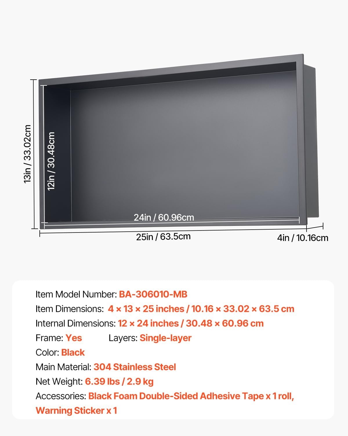image:imageVEVOR Shower Niche 13 x 25 x 4 inch Recessed Wall Niche HeavyDuty Stainless Steel Modern Soap amp Shampoo Storage Organizer Sealed Waterproof Durable amp Easy to InstallBlack for BathroomBlack