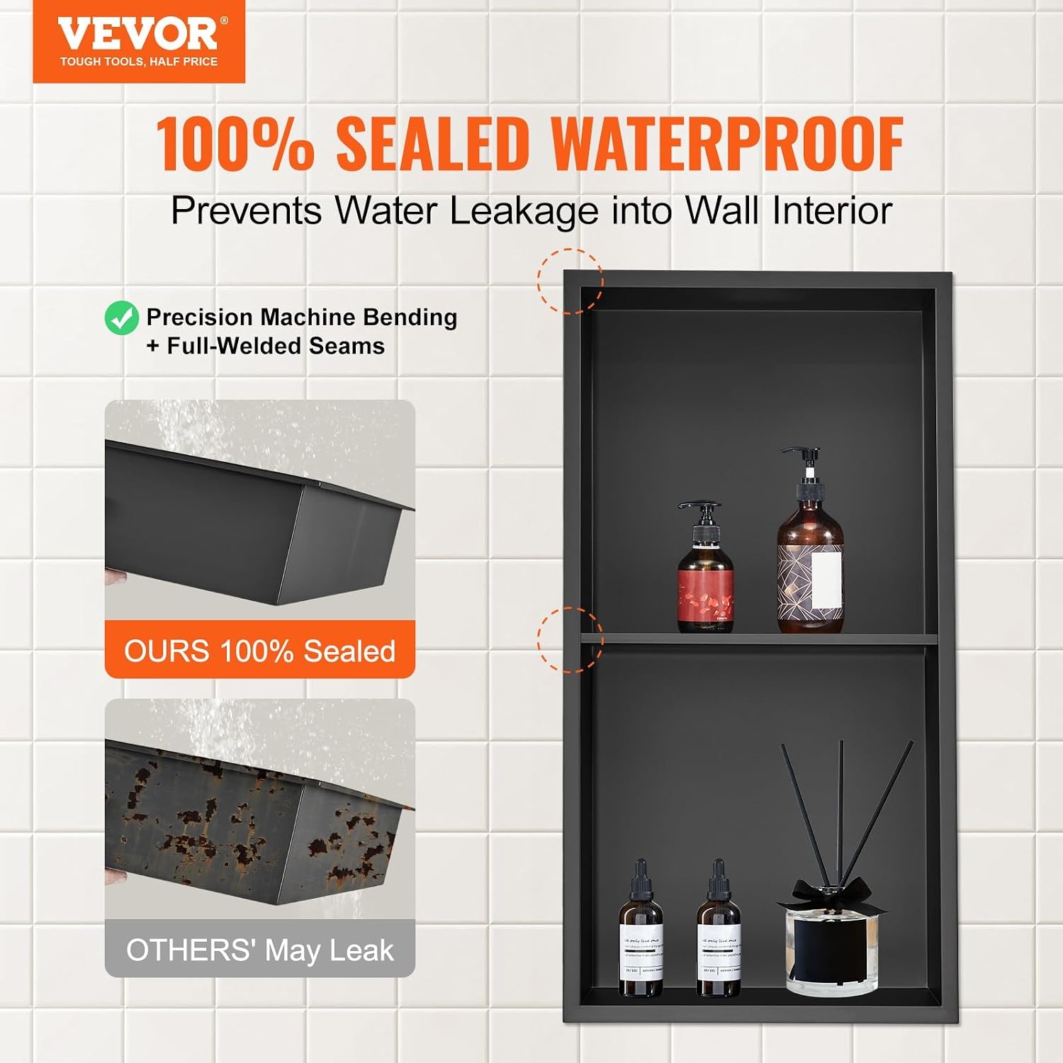 image:imageVEVOR Shower Niche 13 x 25 x 4 inch Recessed Wall Niche HeavyDuty Stainless Steel Modern Soap amp Shampoo Storage Organizer Sealed Waterproof Durable amp Easy to InstallBlack for BathroomBlack