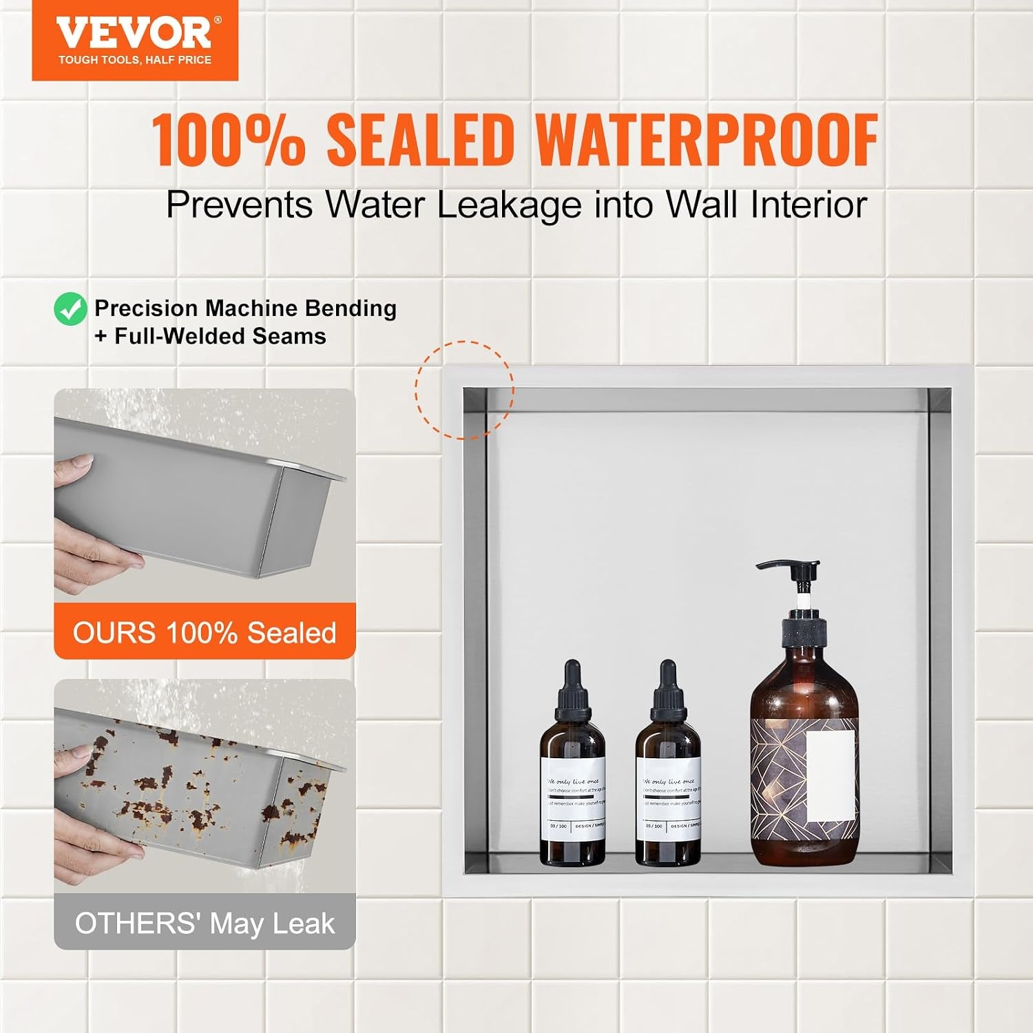 image:imageVEVOR Shower Niche 13 x 25 x 4 inch Recessed Wall Niche HeavyDuty Stainless Steel Modern Soap amp Shampoo Storage Organizer Sealed Waterproof Durable amp Easy to InstallBlack for BathroomSilver