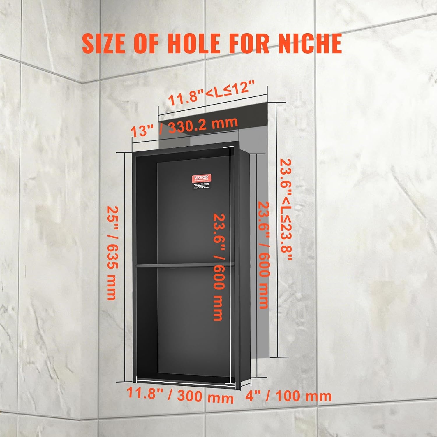 image:imageVEVOR Shower Niche 13 x 25 x 4 inch Recessed Wall Niche HeavyDuty Stainless Steel Modern Soap amp Shampoo Storage Organizer Sealed Waterproof Durable amp Easy to InstallBlack for BathroomBlack