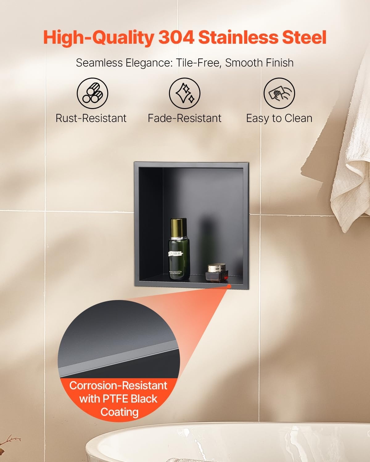 image:imageVEVOR Shower Niche 13 x 25 x 4 inch Recessed Wall Niche HeavyDuty Stainless Steel Modern Soap amp Shampoo Storage Organizer Sealed Waterproof Durable amp Easy to InstallBlack for BathroomBlack