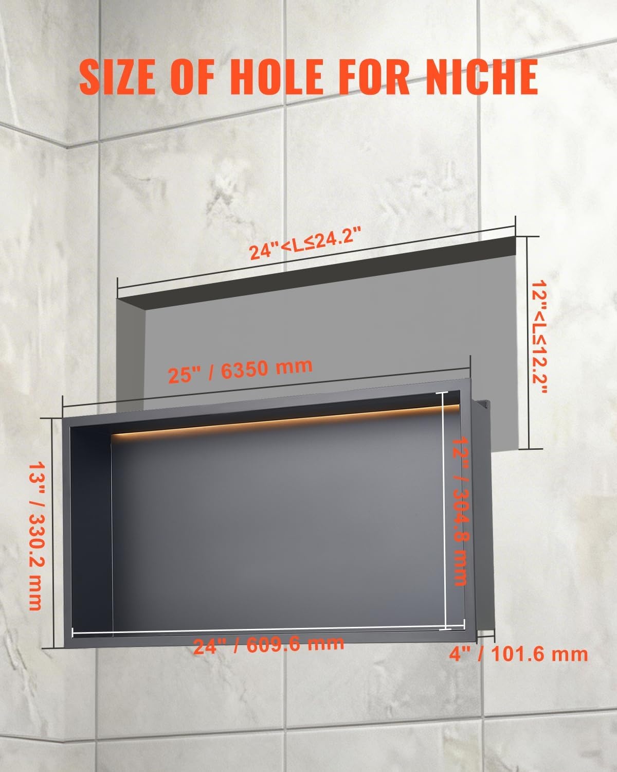 image:imageVEVOR Shower Niche 13 x 25 x 4 inch Recessed Wall Niche HeavyDuty Stainless Steel Modern Soap amp Shampoo Storage Organizer Sealed Waterproof Durable amp Easy to InstallBlack for BathroomBlack