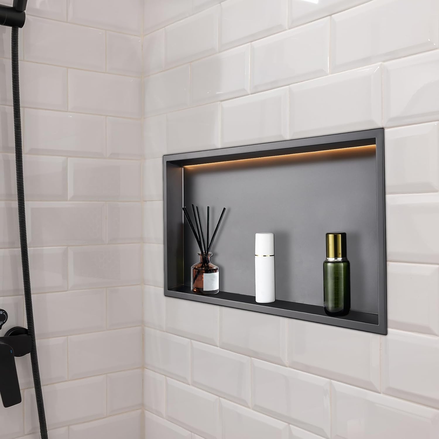 image:imageVEVOR Shower Niche 13 x 25 x 4 inch Recessed Wall Niche HeavyDuty Stainless Steel Modern Soap amp Shampoo Storage Organizer Sealed Waterproof Durable amp Easy to InstallBlack for BathroomBlack