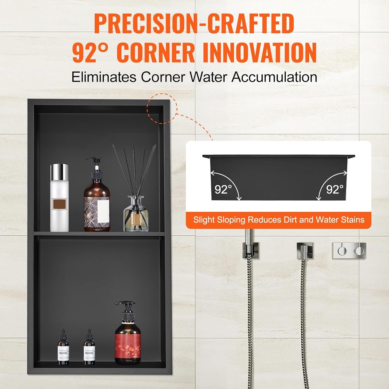 image:imageVEVOR Shower Niche 13 x 25 x 4 inch Recessed Wall Niche HeavyDuty Stainless Steel Modern Soap amp Shampoo Storage Organizer Sealed Waterproof Durable amp Easy to InstallBlack for BathroomBlack