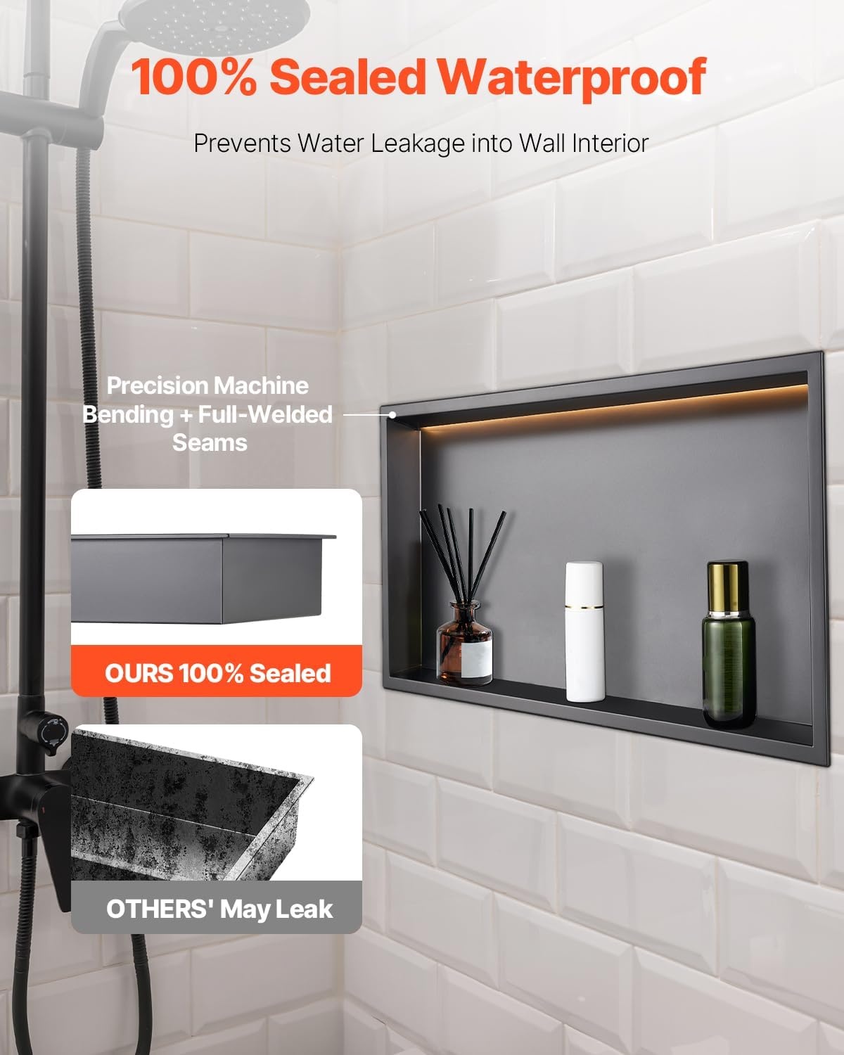 image:imageVEVOR Shower Niche 13 x 25 x 4 inch Recessed Wall Niche HeavyDuty Stainless Steel Modern Soap amp Shampoo Storage Organizer Sealed Waterproof Durable amp Easy to InstallBlack for BathroomBlack