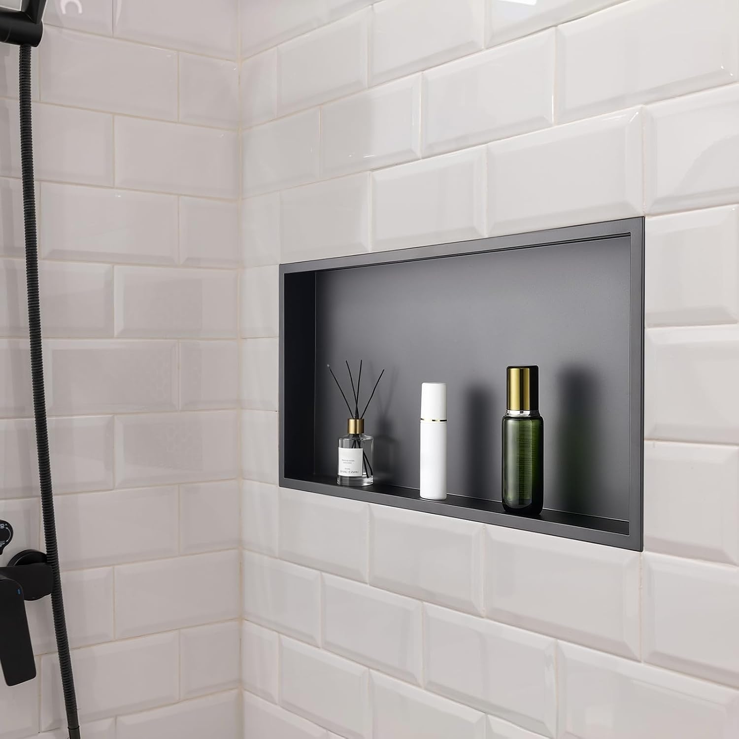 image:imageVEVOR Shower Niche 13 x 25 x 4 inch Recessed Wall Niche HeavyDuty Stainless Steel Modern Soap amp Shampoo Storage Organizer Sealed Waterproof Durable amp Easy to InstallBlack for BathroomBlack
