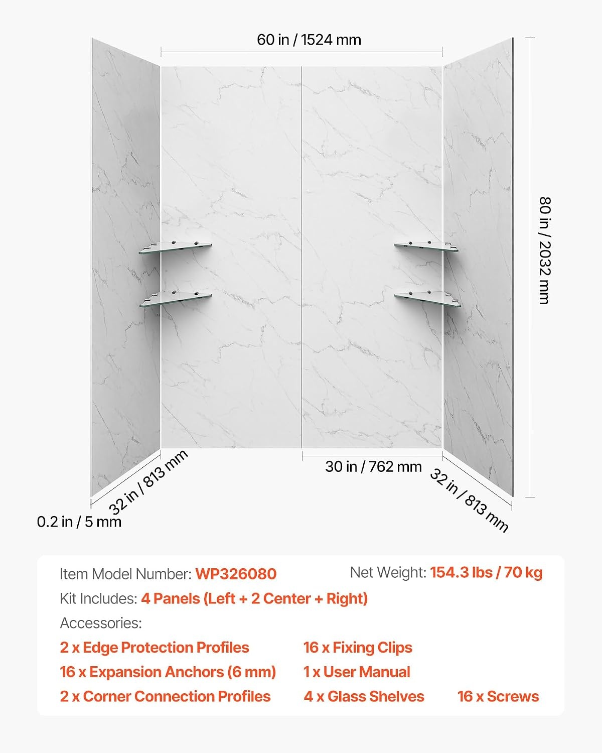 image:imageVEVOR Shower Wall Panels 60 W x 32 D x 80 H 02 5 mm Thick 4Panel Waterproof SPC Shower Surround Kit Quick Install and Trimmable Bathroom Tub Wall Panel Surround Kit with 4 Glass Shelves326080 inch