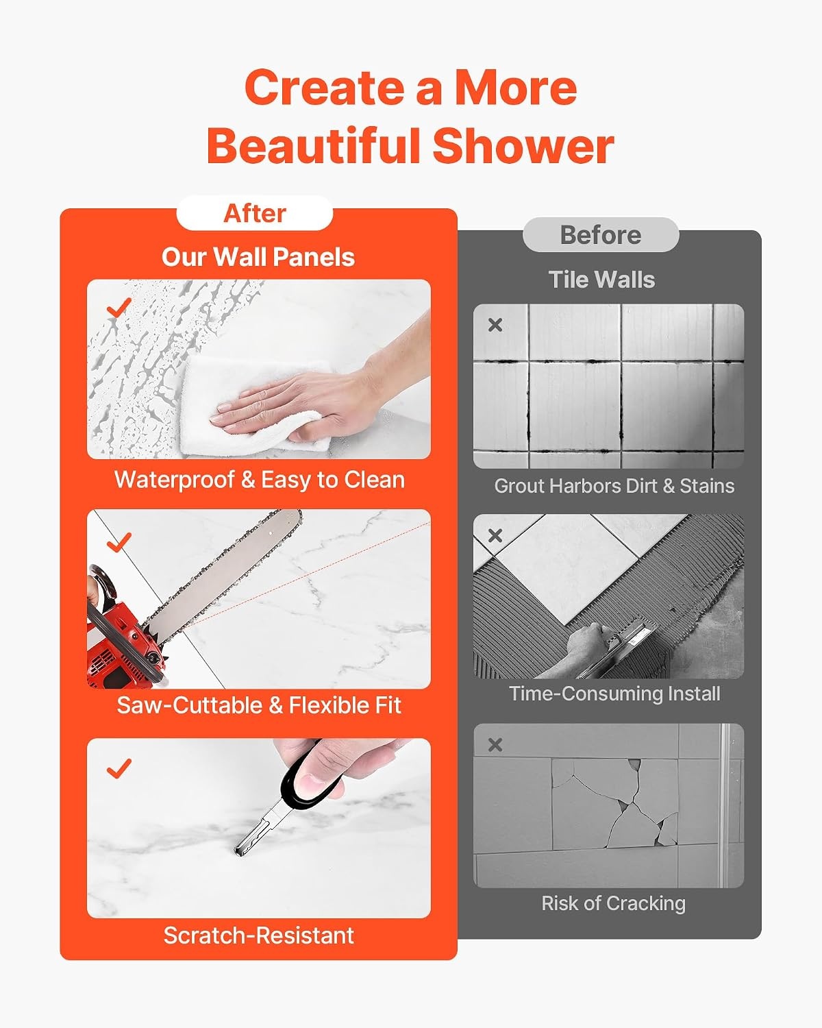 image:imageVEVOR Shower Wall Panels 60 W x 32 D x 80 H 02 5 mm Thick 4Panel Waterproof SPC Shower Surround Kit Quick Install and Trimmable Bathroom Tub Wall Panel Surround Kit with 4 Glass Shelves326080 inch