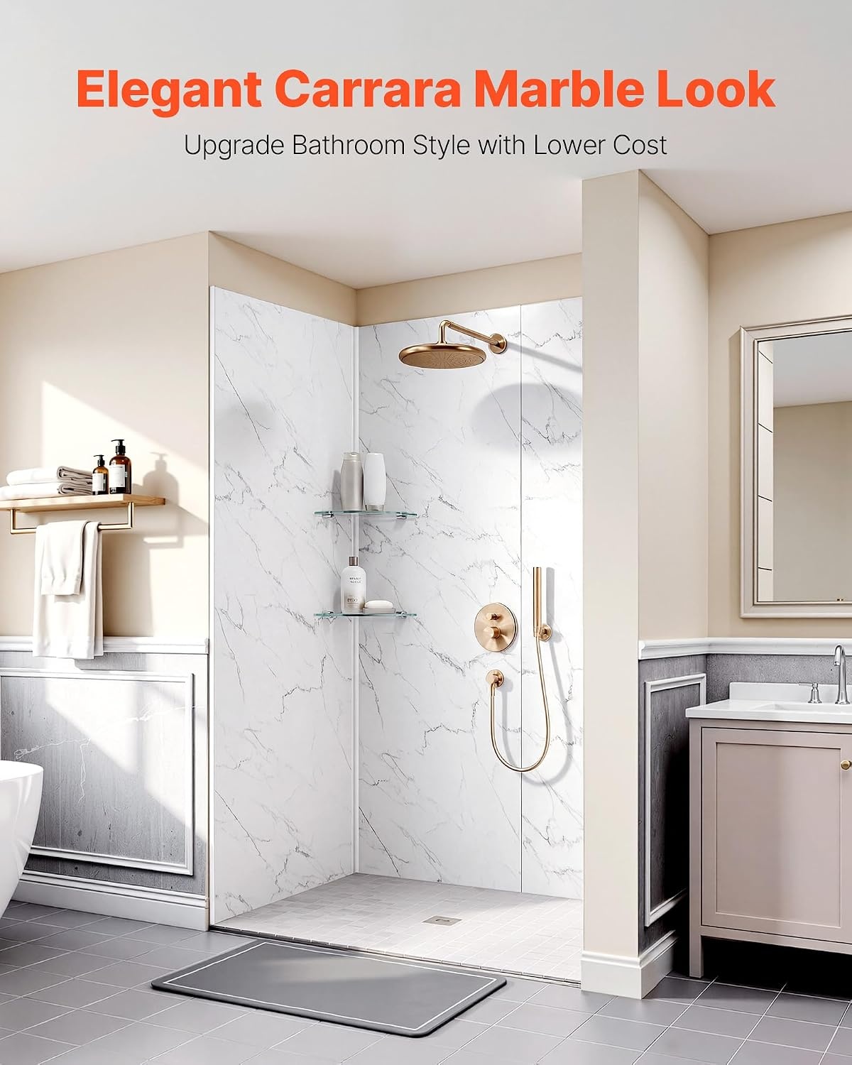 image:imageVEVOR Shower Wall Panels 60 W x 32 D x 80 H 02 5 mm Thick 4Panel Waterproof SPC Shower Surround Kit Quick Install and Trimmable Bathroom Tub Wall Panel Surround Kit with 4 Glass Shelves326080 inch