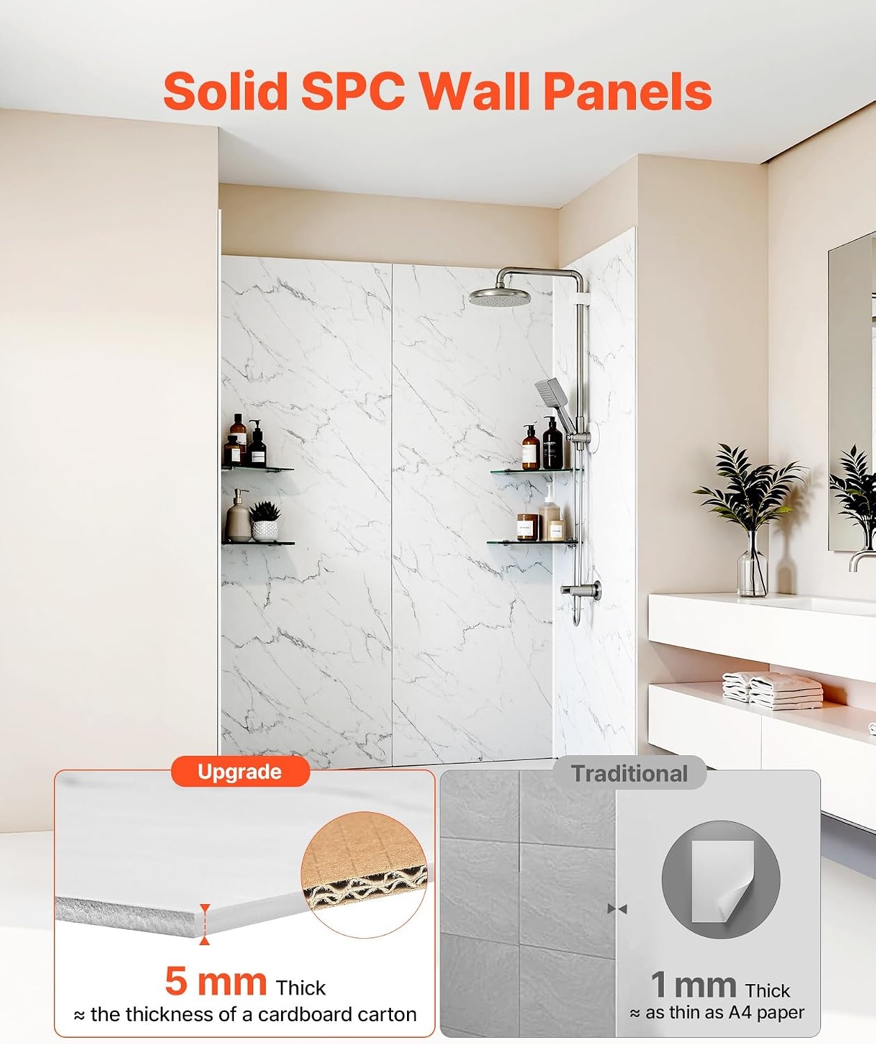 image:imageVEVOR Shower Wall Panels 60 W x 32 D x 80 H 02 5 mm Thick 4Panel Waterproof SPC Shower Surround Kit Quick Install and Trimmable Bathroom Tub Wall Panel Surround Kit with 4 Glass Shelves326080 inch