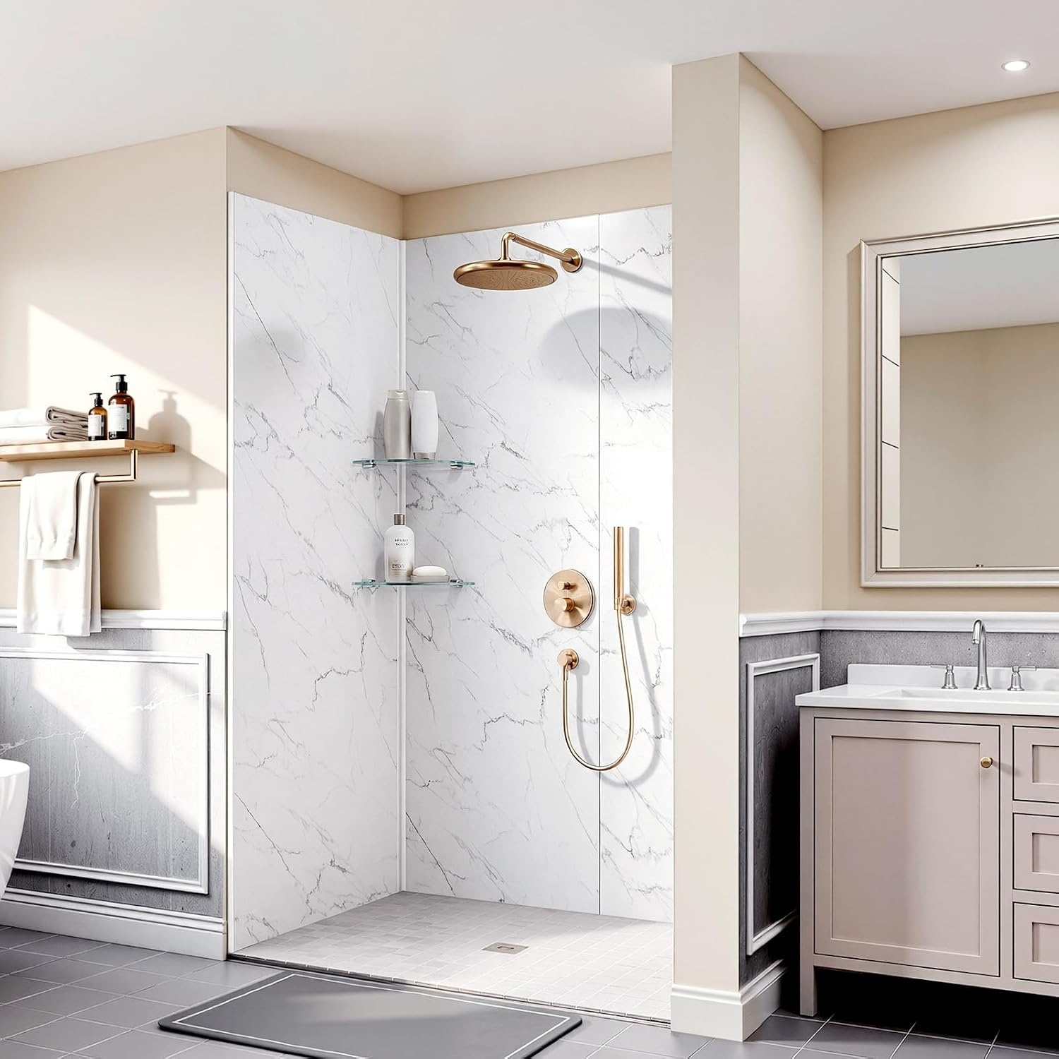 image:imageVEVOR Shower Wall Panels 60 W x 32 D x 80 H 02 5 mm Thick 4Panel Waterproof SPC Shower Surround Kit Quick Install and Trimmable Bathroom Tub Wall Panel Surround Kit with 4 Glass Shelves326080 inch