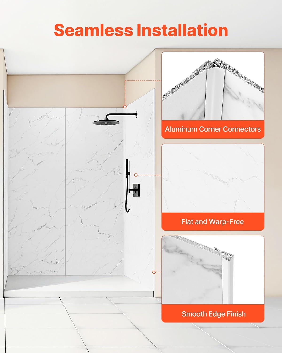 image:imageVEVOR Shower Wall Panels 60 W x 32 D x 80 H 02 5 mm Thick 4Panel Waterproof SPC Shower Surround Kit Quick Install and Trimmable Bathroom Tub Wall Panel Surround Kit with 4 Glass Shelves326080 inch