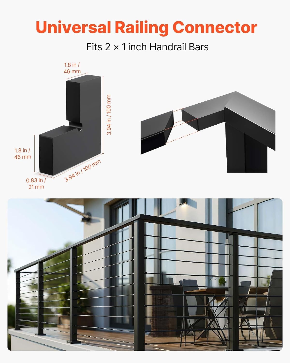 image:imageVEVOR Stainless Steel Handrail 65 FT 4 Pack Rectangular Top Stair Deck Hand Rail for OutdoorIndoor Steps with End CapMatte Black Coating Adjustable Metal Stair Rail for Cable Railing KitCorner Connector2