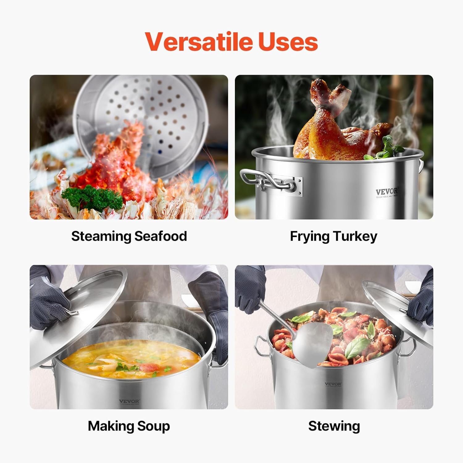 image:imageVEVOR Stainless Steel Stockpot 53 Quart Large Cooking Pots Cookware Sauce Pot with Lid and Handle Heavy Duty Commercial Grade Stock Pot Sanding Treatment for Large Groups Events Silver100 Quarts