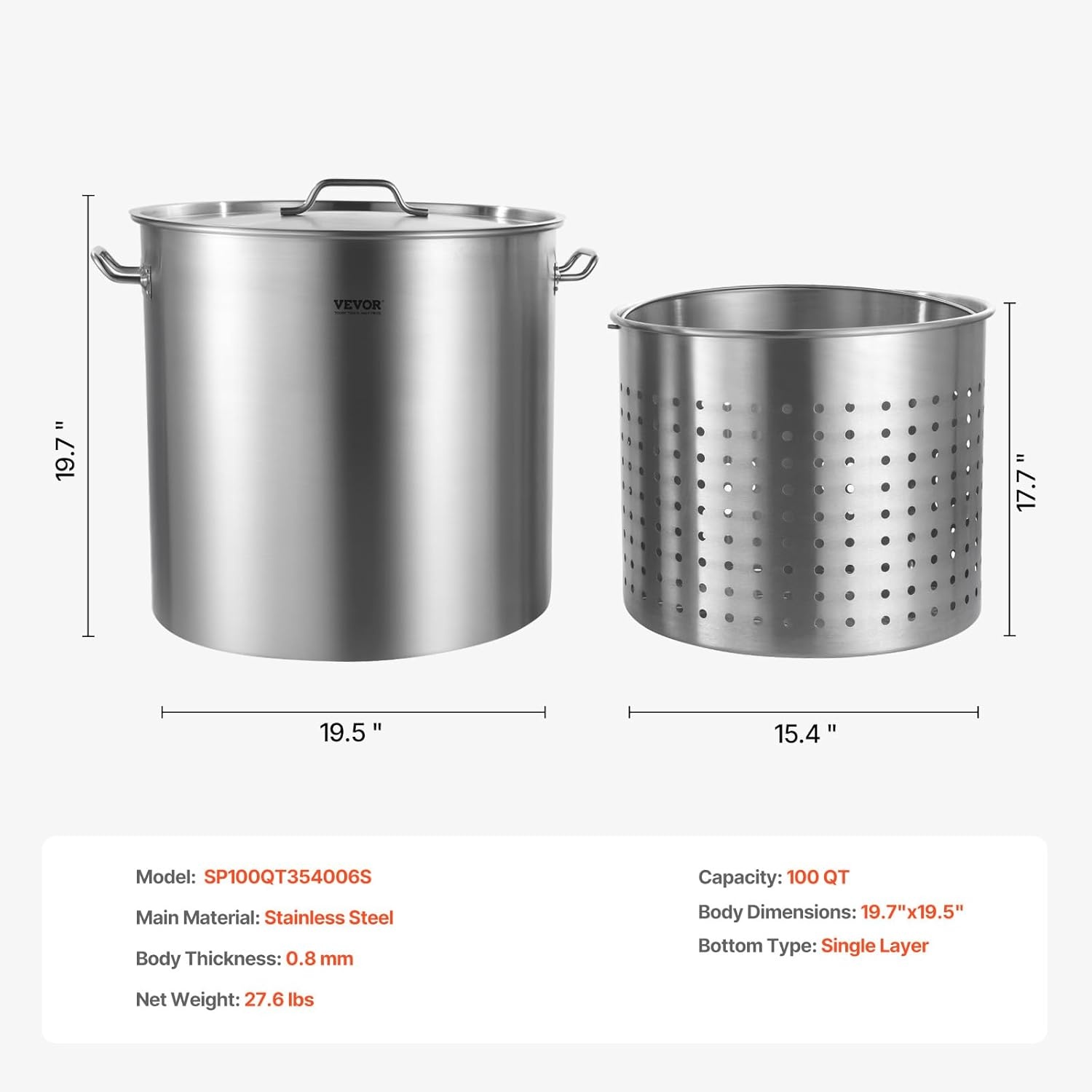 image:imageVEVOR Stainless Steel Stockpot 53 Quart Large Cooking Pots Cookware Sauce Pot with Lid and Handle Heavy Duty Commercial Grade Stock Pot Sanding Treatment for Large Groups Events Silver100 Quarts