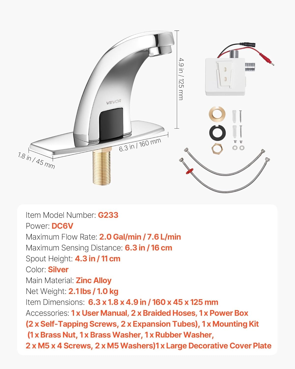 image:imageVEVOR Touchless Bathroom Sink Faucet Automatic Motion Sensor Waterfall Restroom Toilet Faucet with Hole Cover Plate Battery OperatedHotCold Water for 916 in Pipe Commercial LavatoryMatte BlackChrome