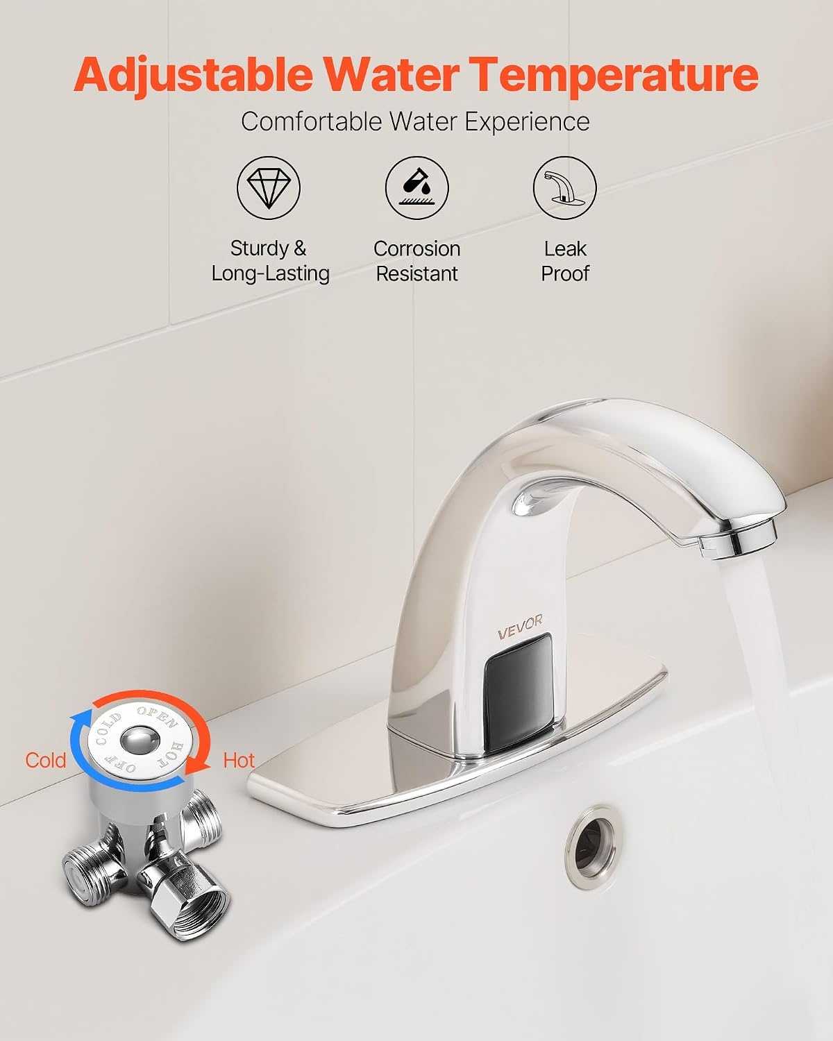 image:imageVEVOR Touchless Bathroom Sink Faucet Automatic Motion Sensor Waterfall Restroom Toilet Faucet with Hole Cover Plate Battery OperatedHotCold Water for 916 in Pipe Commercial LavatoryMatte BlackChrome