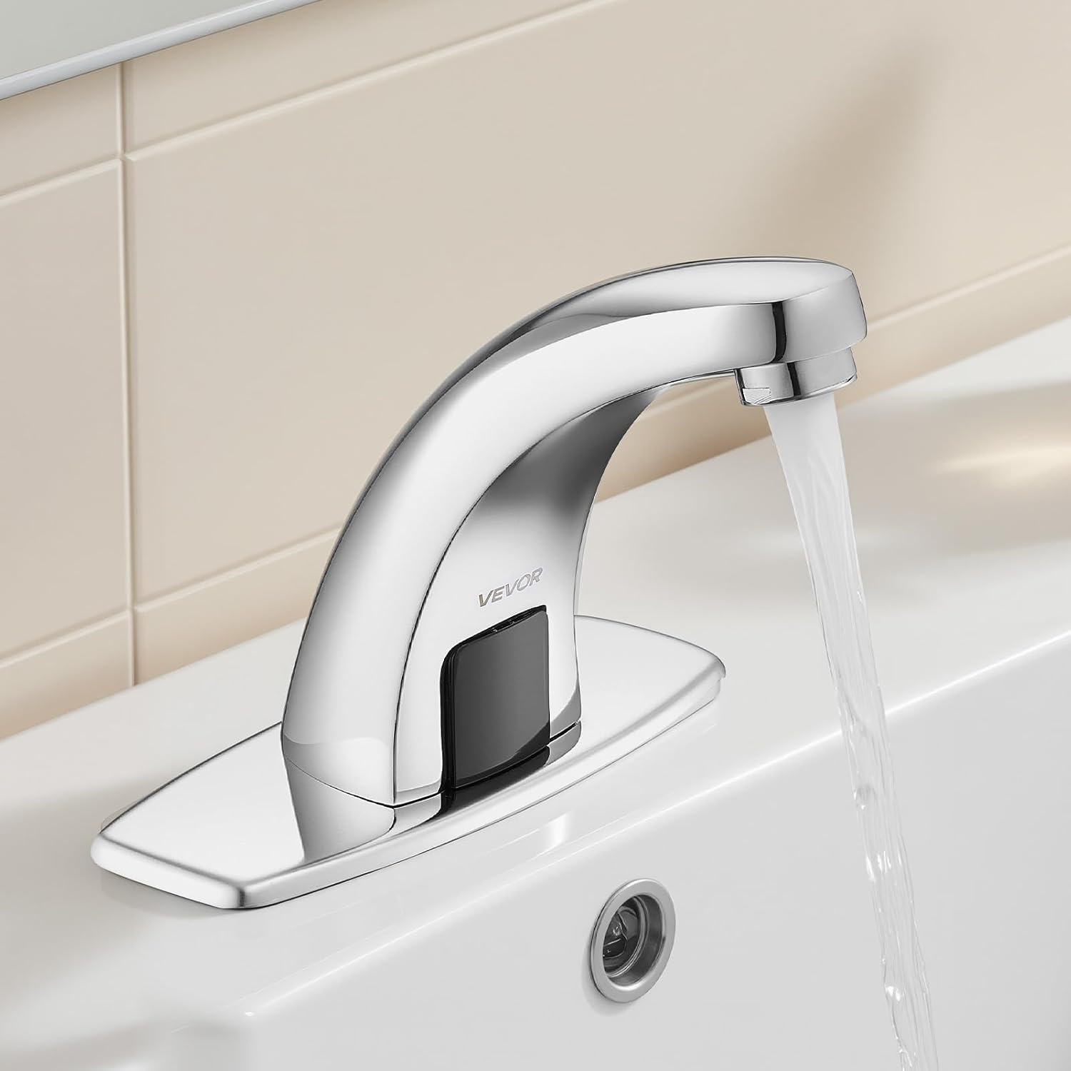 image:imageVEVOR Touchless Bathroom Sink Faucet Automatic Motion Sensor Waterfall Restroom Toilet Faucet with Hole Cover Plate Battery OperatedHotCold Water for 916 in Pipe Commercial LavatoryMatte BlackChrome
