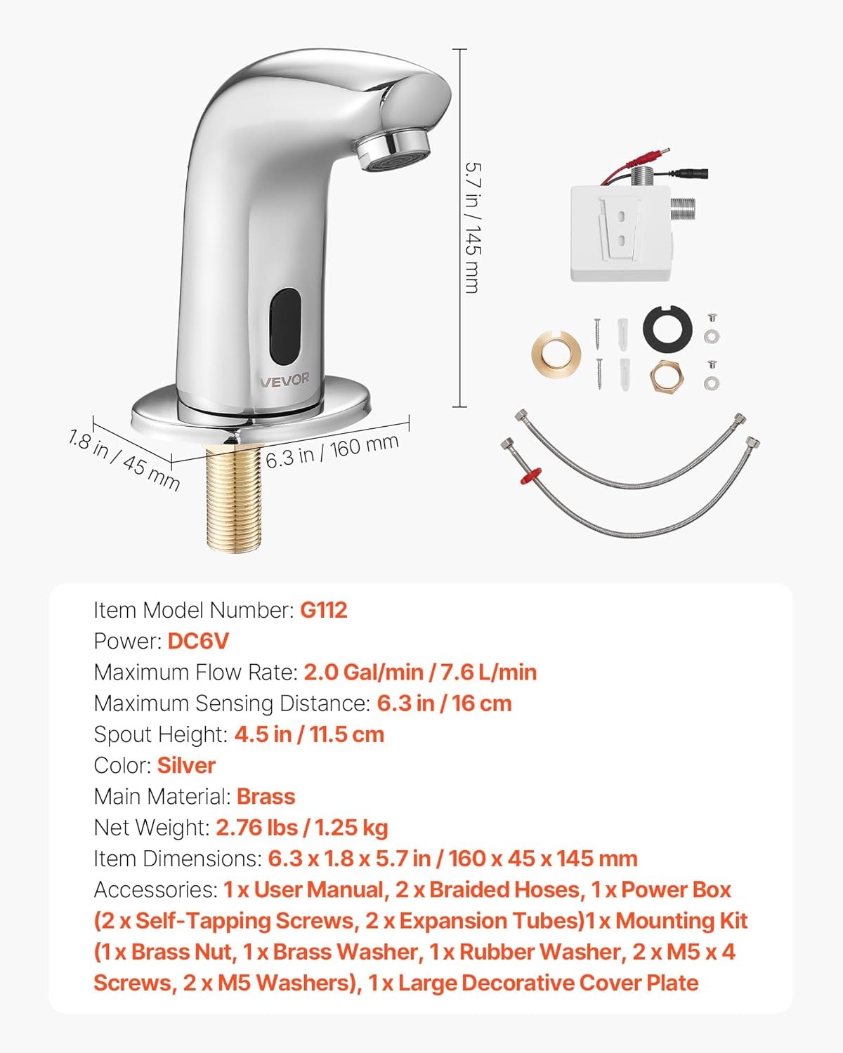 image:imageVEVOR Touchless Bathroom Sink Faucet Automatic Motion Sensor Waterfall Restroom Toilet Faucet with Hole Cover Plate Battery OperatedHotCold Water for 916 in Pipe Commercial LavatoryMatte BlackChrome
