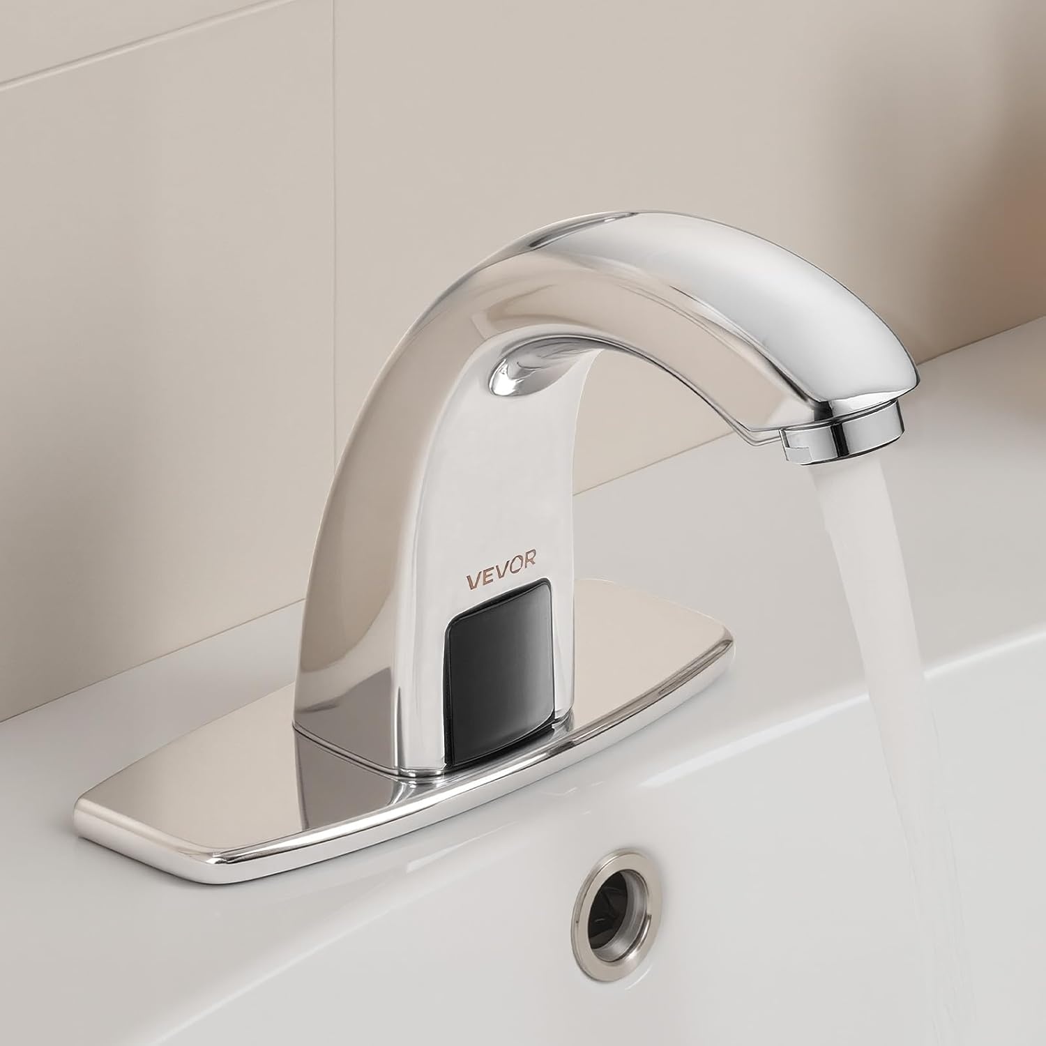 image:imageVEVOR Touchless Bathroom Sink Faucet Automatic Motion Sensor Waterfall Restroom Toilet Faucet with Hole Cover Plate Battery OperatedHotCold Water for 916 in Pipe Commercial LavatoryMatte BlackChrome