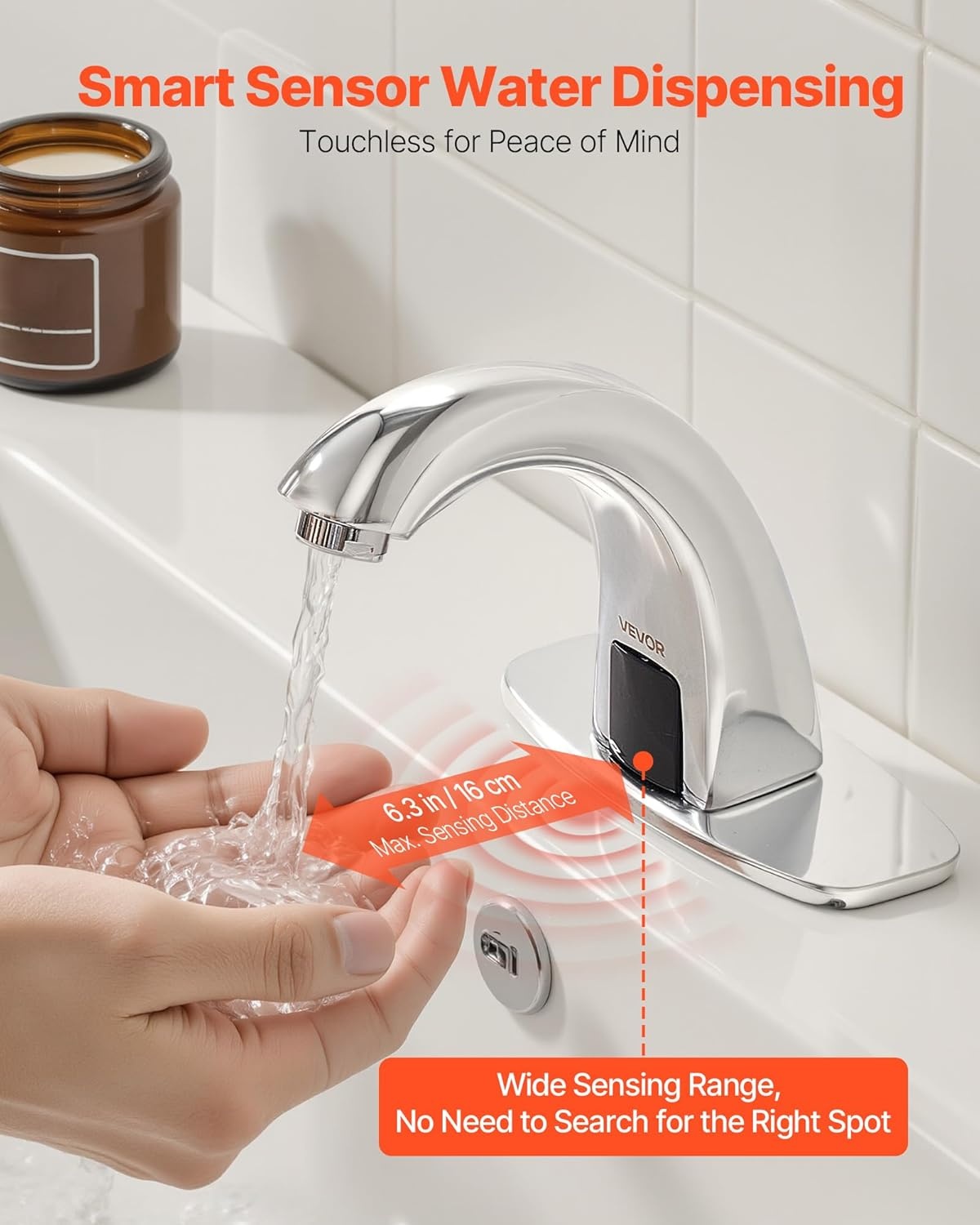 image:imageVEVOR Touchless Bathroom Sink Faucet Automatic Motion Sensor Waterfall Restroom Toilet Faucet with Hole Cover Plate Battery OperatedHotCold Water for 916 in Pipe Commercial LavatoryMatte BlackChrome