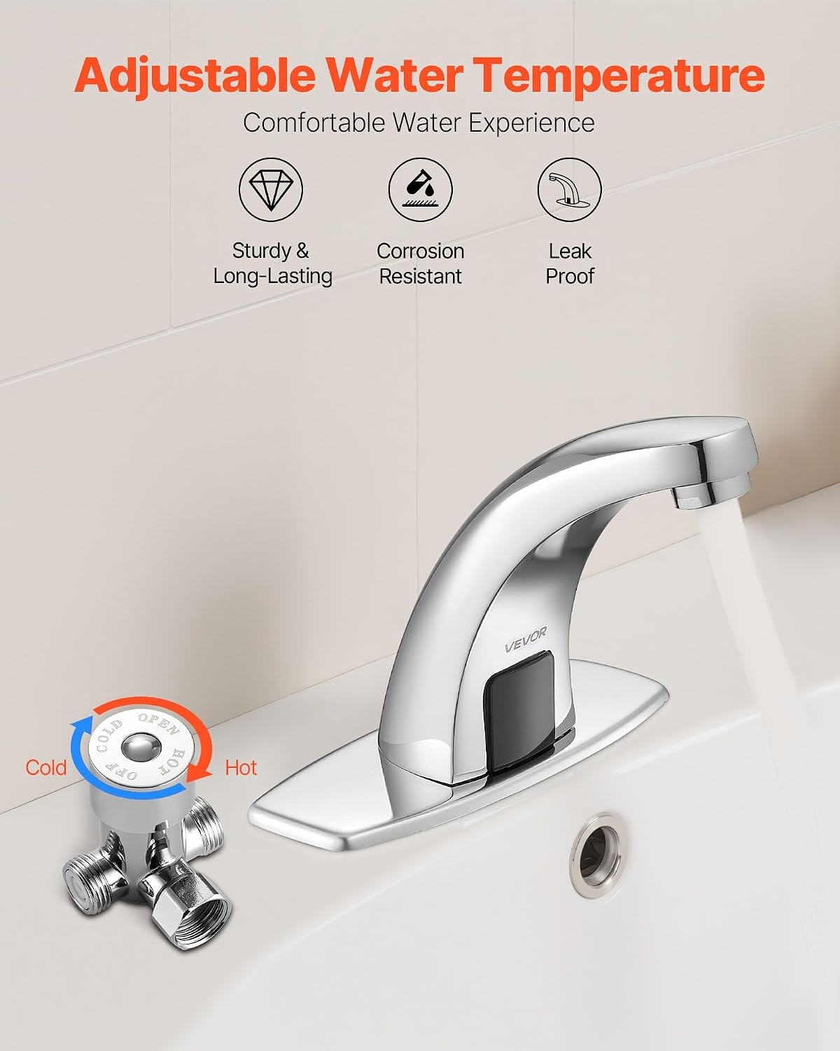 image:imageVEVOR Touchless Bathroom Sink Faucet Automatic Motion Sensor Waterfall Restroom Toilet Faucet with Hole Cover Plate Battery OperatedHotCold Water for 916 in Pipe Commercial LavatoryMatte BlackChrome
