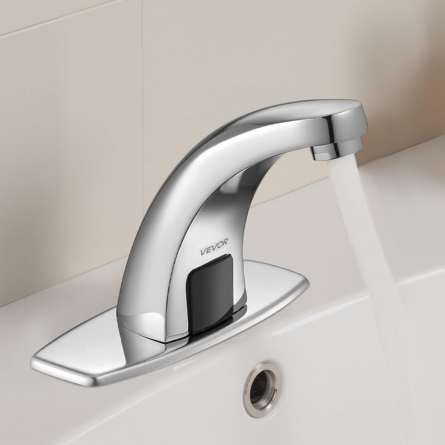 image:imageVEVOR Touchless Bathroom Sink Faucet Automatic Motion Sensor Waterfall Restroom Toilet Faucet with Hole Cover Plate Battery OperatedHotCold Water for 916 in Pipe Commercial LavatoryMatte BlackChrome