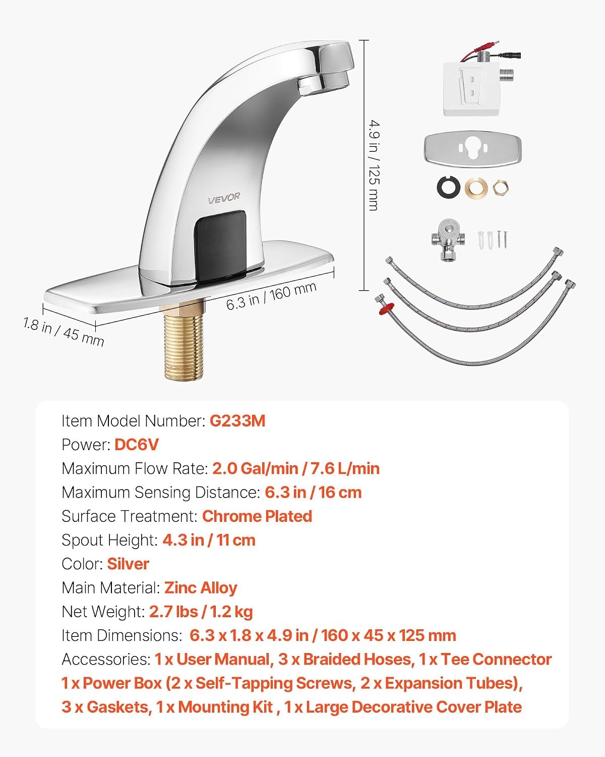 image:imageVEVOR Touchless Bathroom Sink Faucet Automatic Motion Sensor Waterfall Restroom Toilet Faucet with Hole Cover Plate Battery OperatedHotCold Water for 916 in Pipe Commercial LavatoryMatte BlackChrome