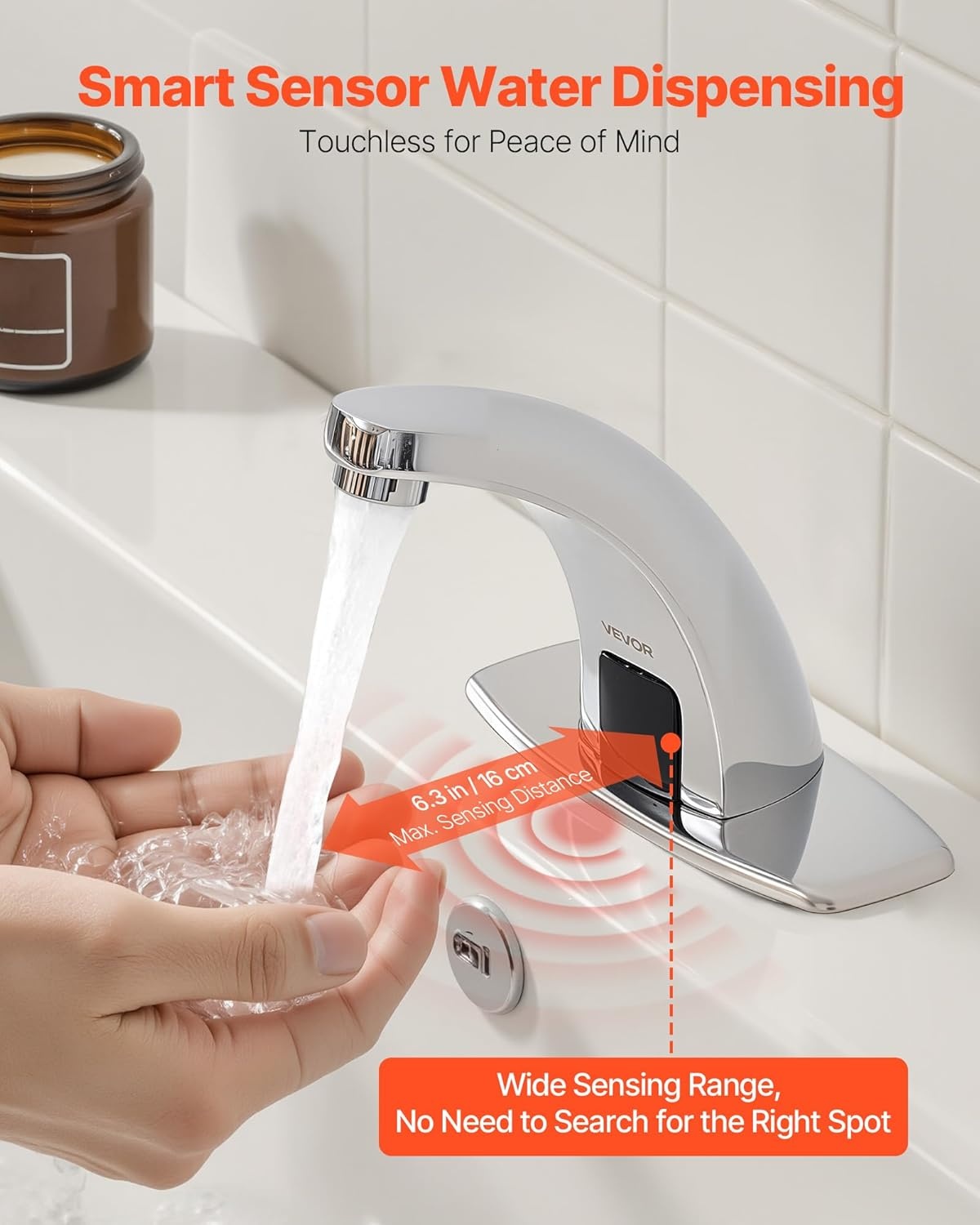 image:imageVEVOR Touchless Bathroom Sink Faucet Automatic Motion Sensor Waterfall Restroom Toilet Faucet with Hole Cover Plate Battery OperatedHotCold Water for 916 in Pipe Commercial LavatoryMatte BlackChrome