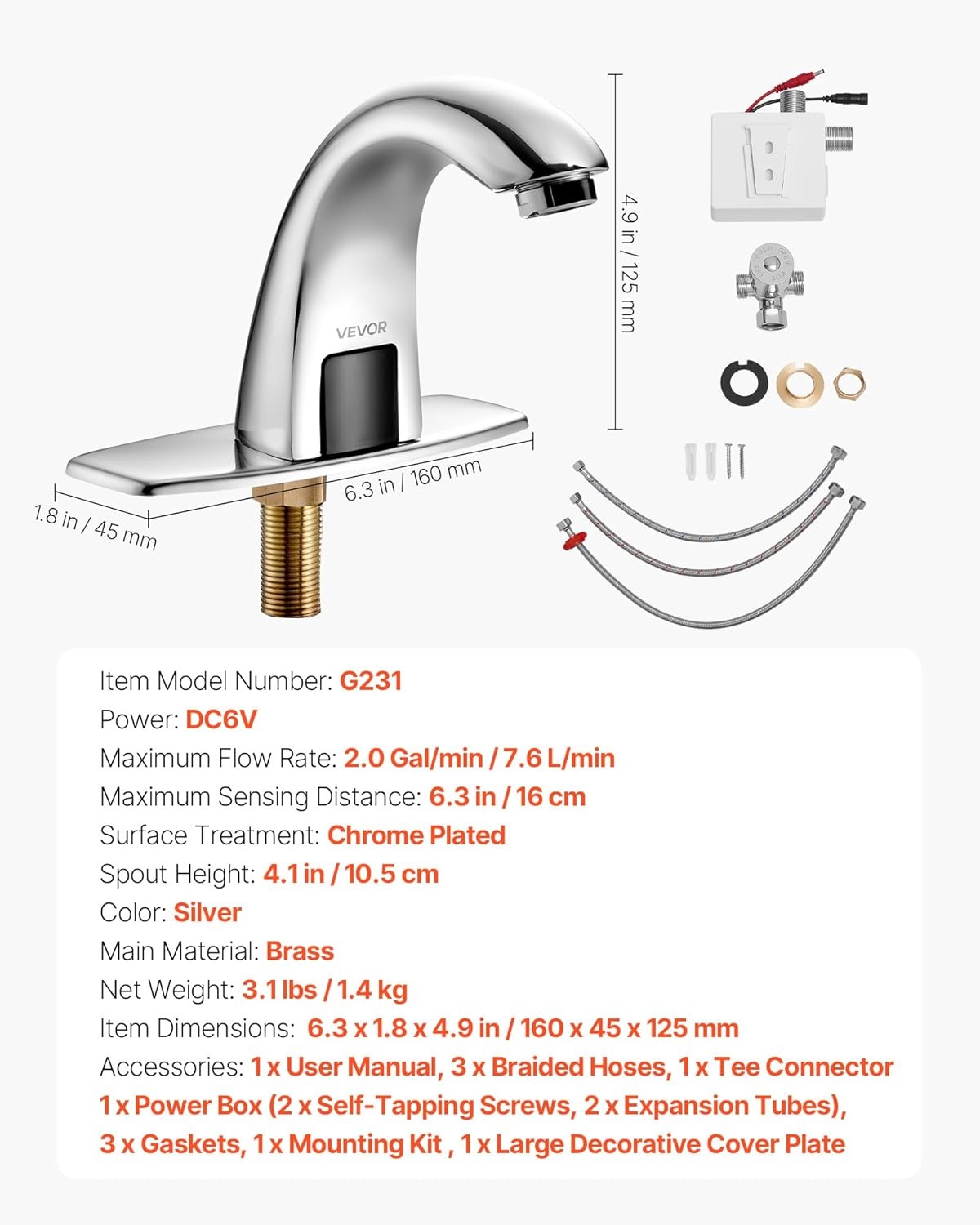 image:imageVEVOR Touchless Bathroom Sink Faucet Automatic Motion Sensor Waterfall Restroom Toilet Faucet with Hole Cover Plate Battery OperatedHotCold Water for 916 in Pipe Commercial LavatoryMatte BlackChrome