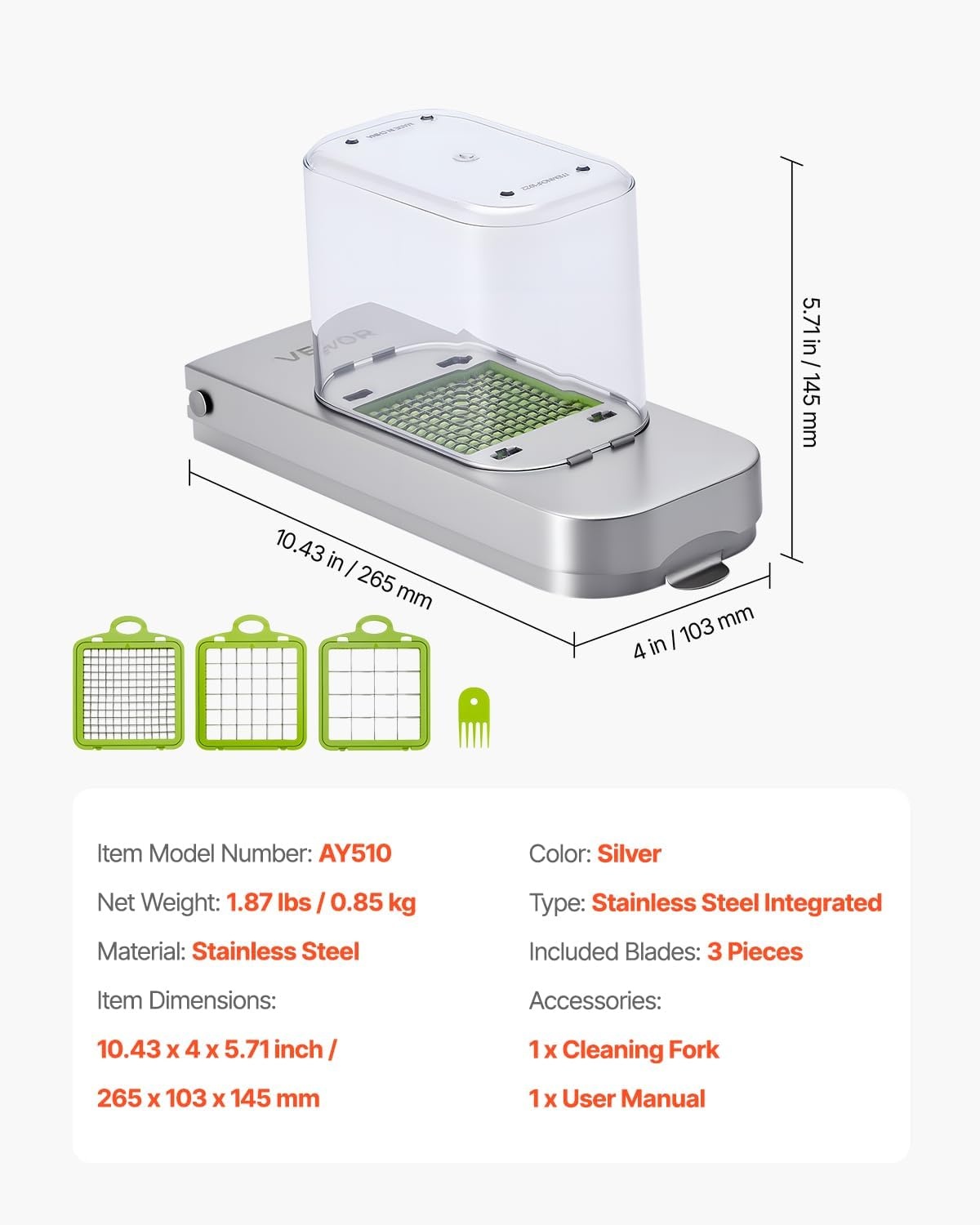 image:imageVEVOR Vegetable Chopper Food Veggie Cutter with 3 Stainless Steel Blades Onion Slicer with Container Salad Potato Dicer Kitchen Gadgets amp Essentials Home Appliances Tools for Easy DIY SilverReinforcement3 Blade