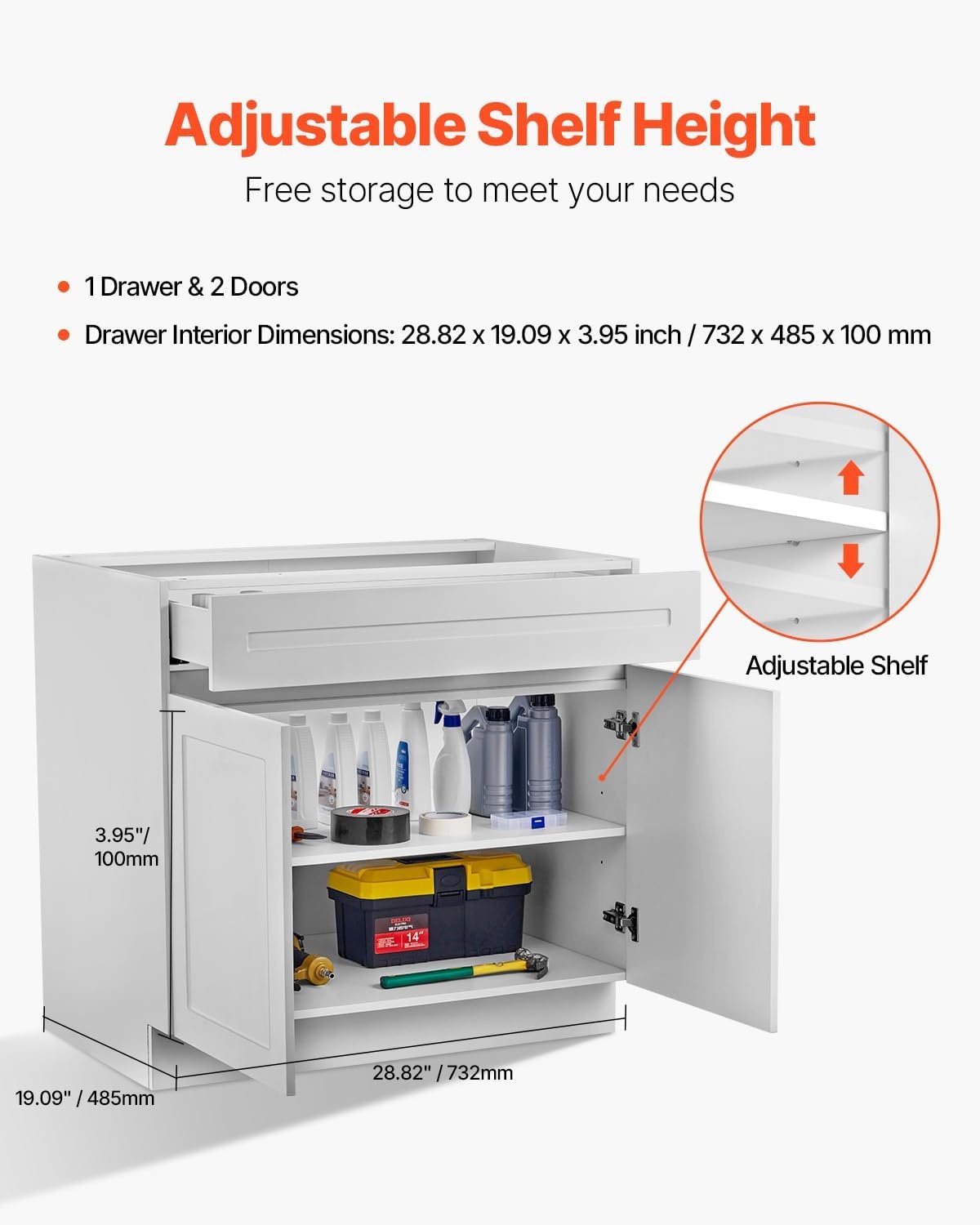 image:imageVEVOR White Shaker Base Cabinet with Drawer 24Inch Unassembled Drawer Base Cabinet 24 W x 24 D x 345 H Ready to Assemble Cabinet with SoftClose Doors and Adjustable Shelf for Home Office30W Base Cabinet