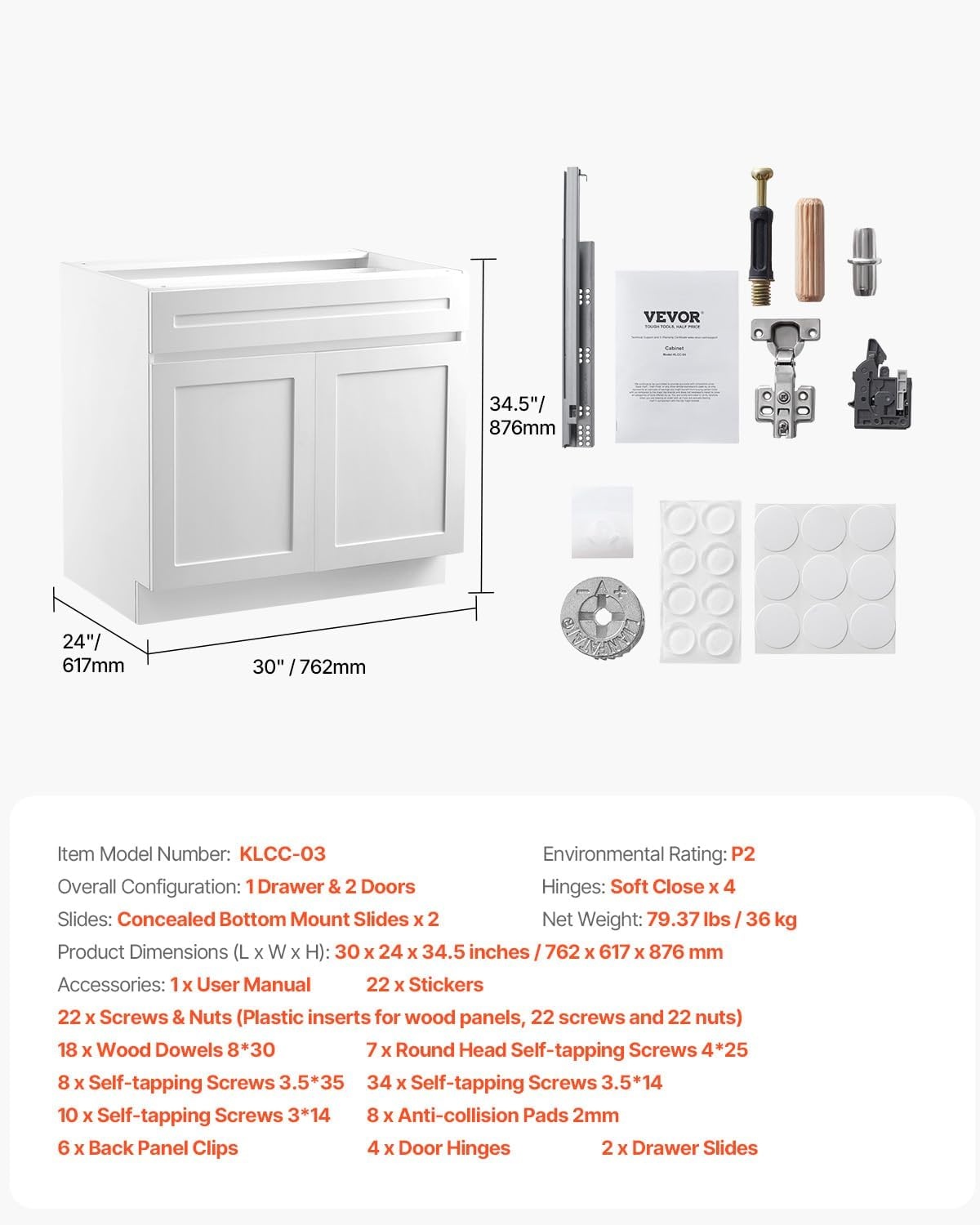 image:imageVEVOR White Shaker Base Cabinet with Drawer 24Inch Unassembled Drawer Base Cabinet 24 W x 24 D x 345 H Ready to Assemble Cabinet with SoftClose Doors and Adjustable Shelf for Home Office30W Base Cabinet