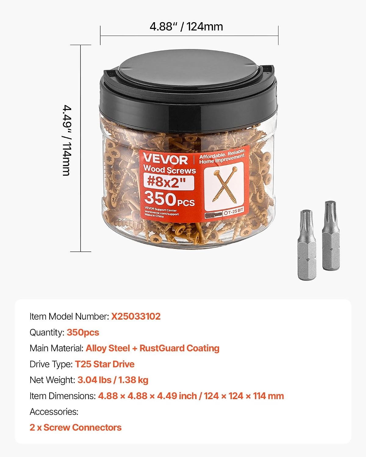 image:imageVEVOR Wood Screws 350 PCS 8 x 2Inch AntiRust Coated Exterior Deck Screw TorxT25 Star Drive Metal RustResistant Outdoor Decking Screws with 2 Screw Connectors for Decking Fencing Framing8 x 2