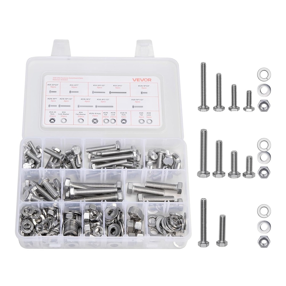 image:imageVEVOR 1110 Pcs Bolts and Nuts Assortment Kit Imperial Machine Screws and Flat Washers Stainless Steel 1024832256632440 for FurnitureEquipmentVehicle Assembly Silver246 PCS  Imperial 1420  51618  3816