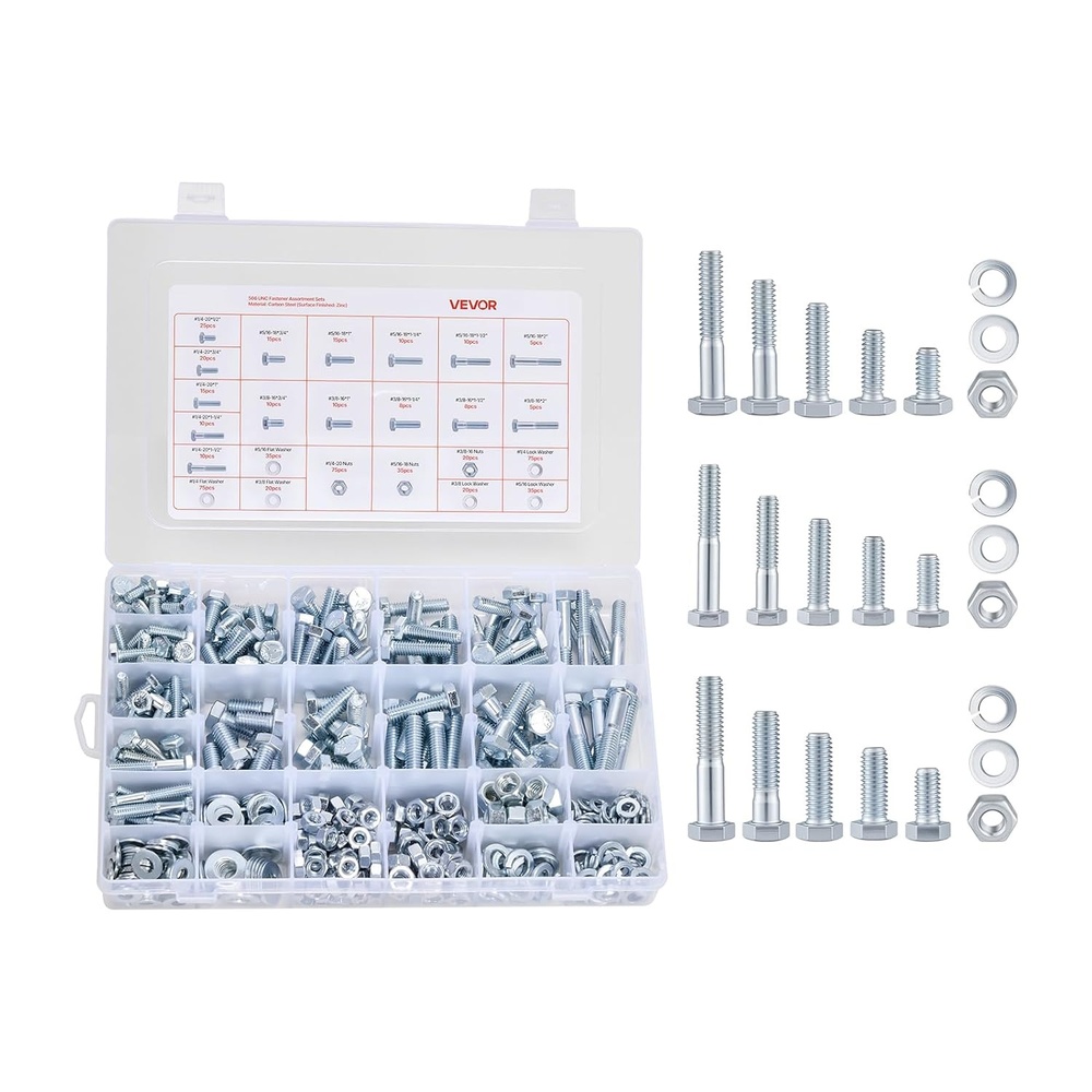 image:imageVEVOR 1110 Pcs Bolts and Nuts Assortment Kit Imperial Machine Screws and Flat Washers Stainless Steel 1024832256632440 for FurnitureEquipmentVehicle Assembly Silver566 PCS  Imperial 1420  51618  3816