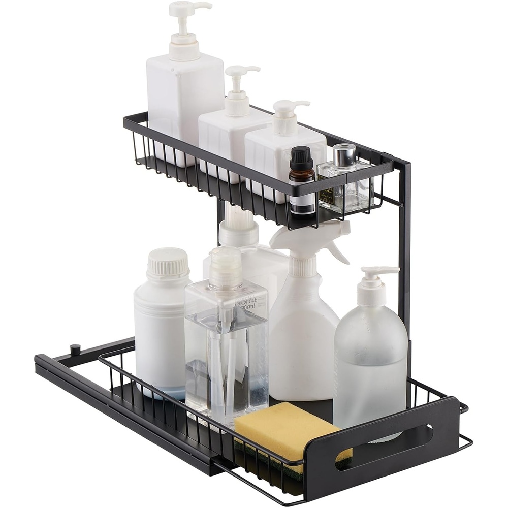 image:imageVEVOR 2 Tier Pull Out Cabinet Organizer107W x 142D Under Sink Organizer and Storage Slide Out Drawer Cabinet Organizer Wire Basket Sliding Storage 125Wx155Dx13H Install Size for Cabinet107W x 142D 1 Pack
