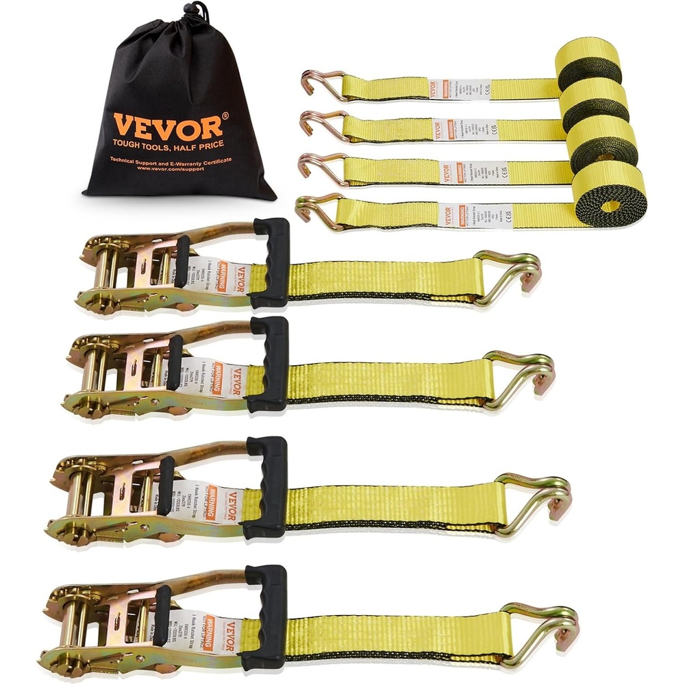 image:imageVEVOR 2 x 15 Ratchet Straps Heavy Duty 4PK 5000 lb Break Strength Double J Hook Includes 4 Premium Rachet Tie Downs with Padded Handles for Moving Securing Cargo Appliances Lawn Equipment2 x 15
