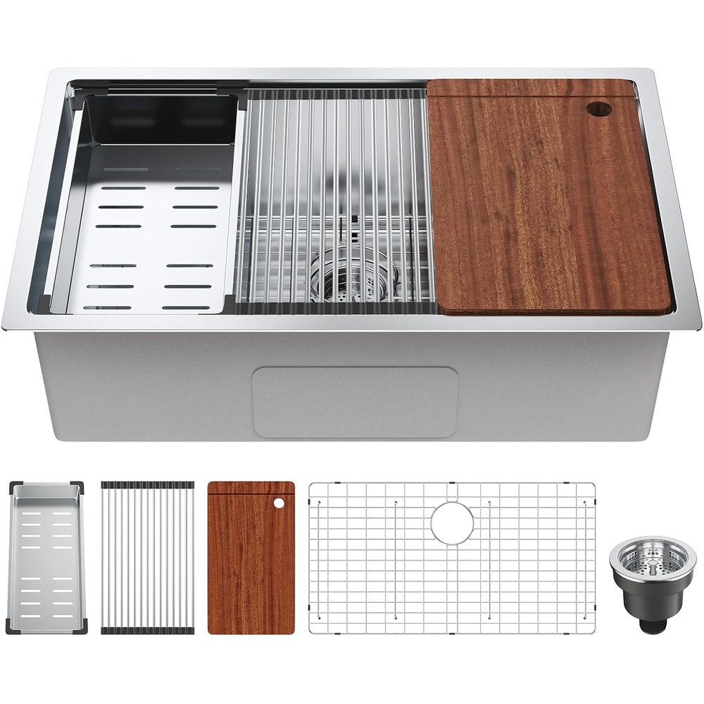 image:imageVEVOR 32 inch Kitchen Single Sink 304 Stainless Steel Undermount Sink DropIn Single Bowl Farmhouse Basin with Ledge amp Multiple Accessories Household Dishwasher Sinks for Prep Kitchen Bar 321930 SINGLESINK
